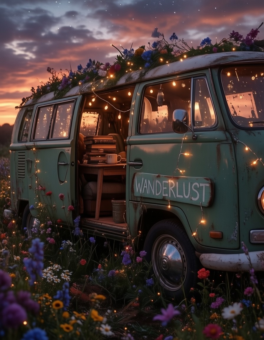 Vintage Camper Van in Meadow at Golden Hour — AI generated image