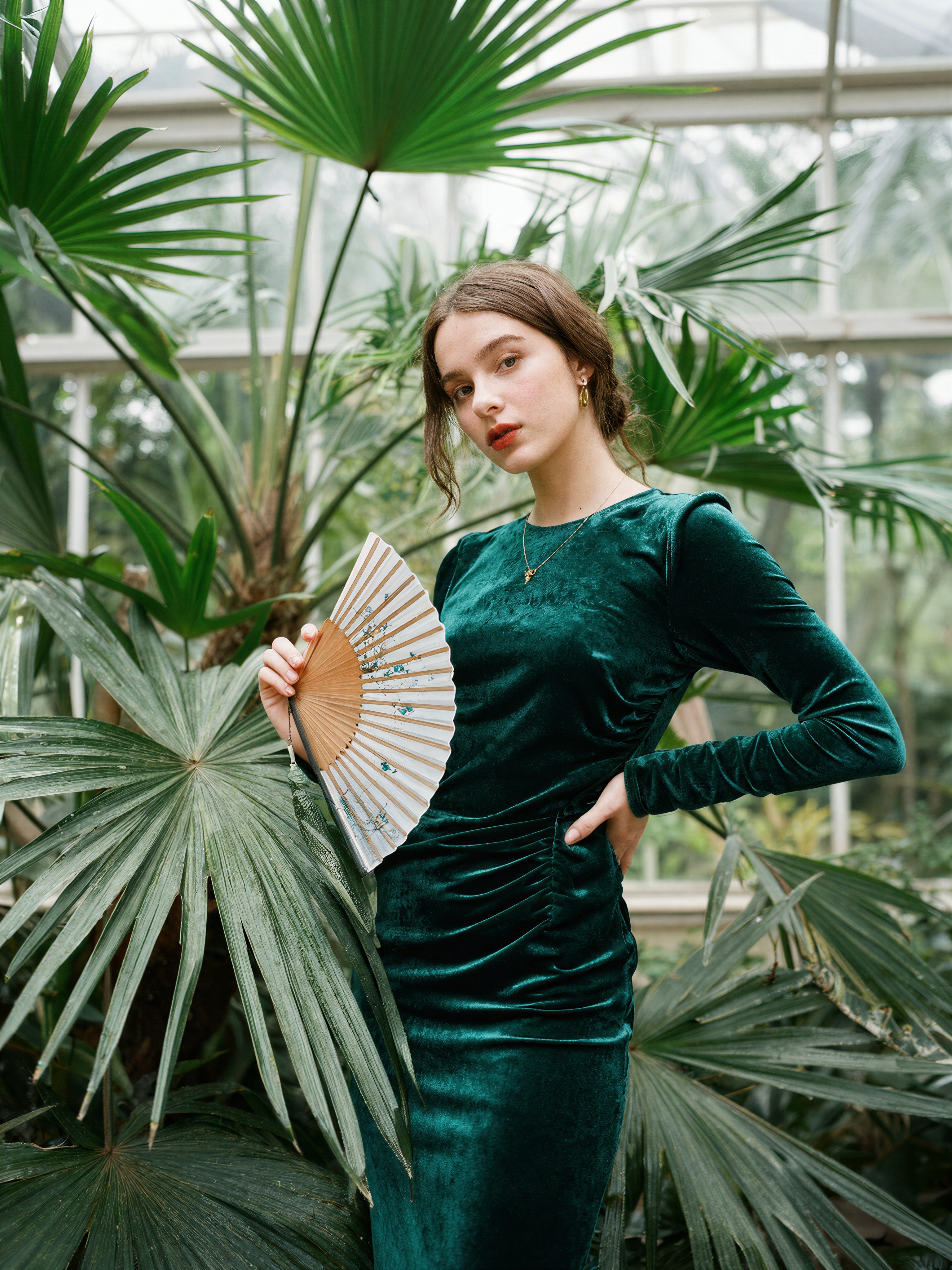 Emerald Dress in Winter Conservatory — AI generated image