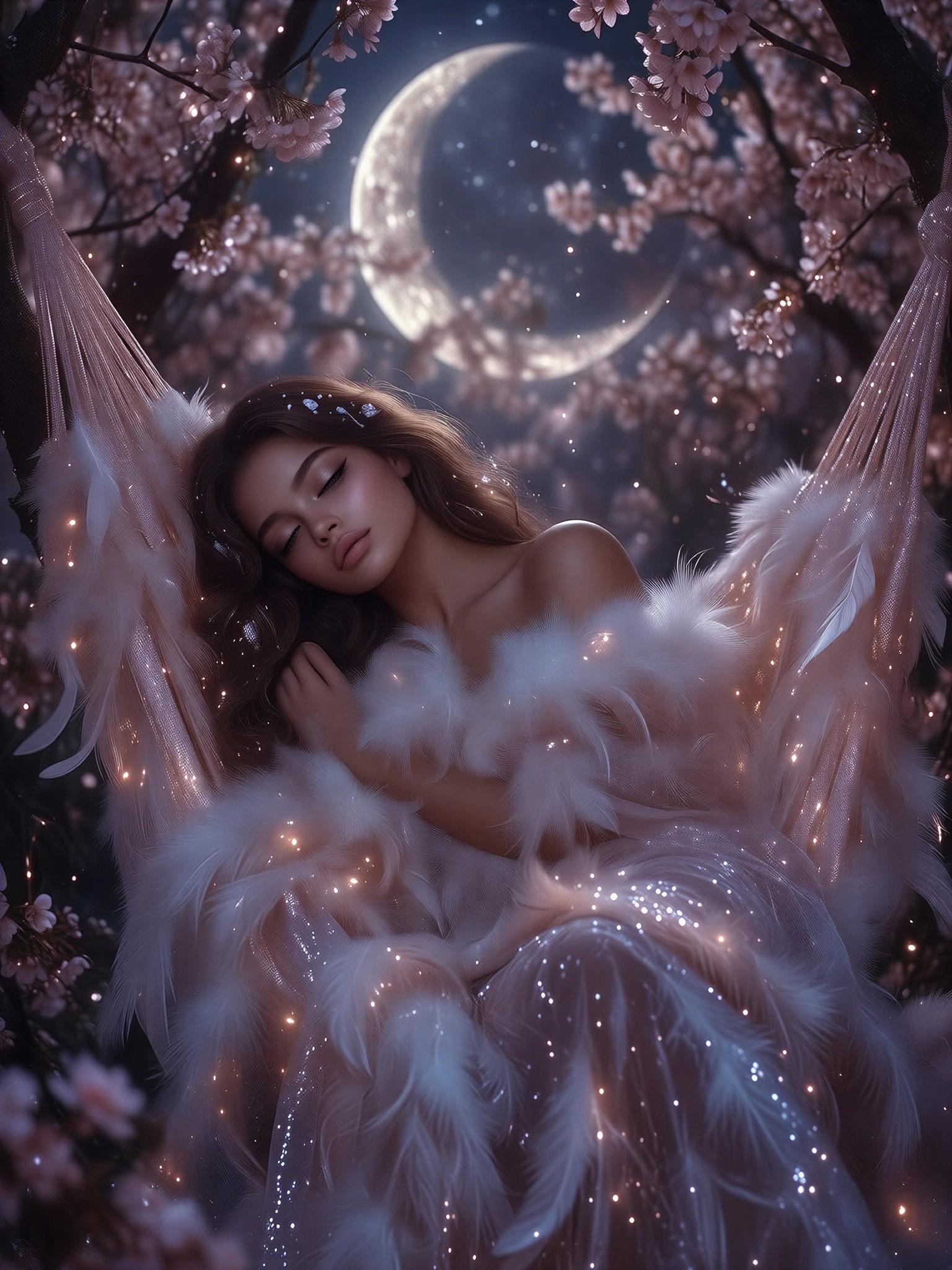 Celestial Girl in Feather Hammock — AI generated image
