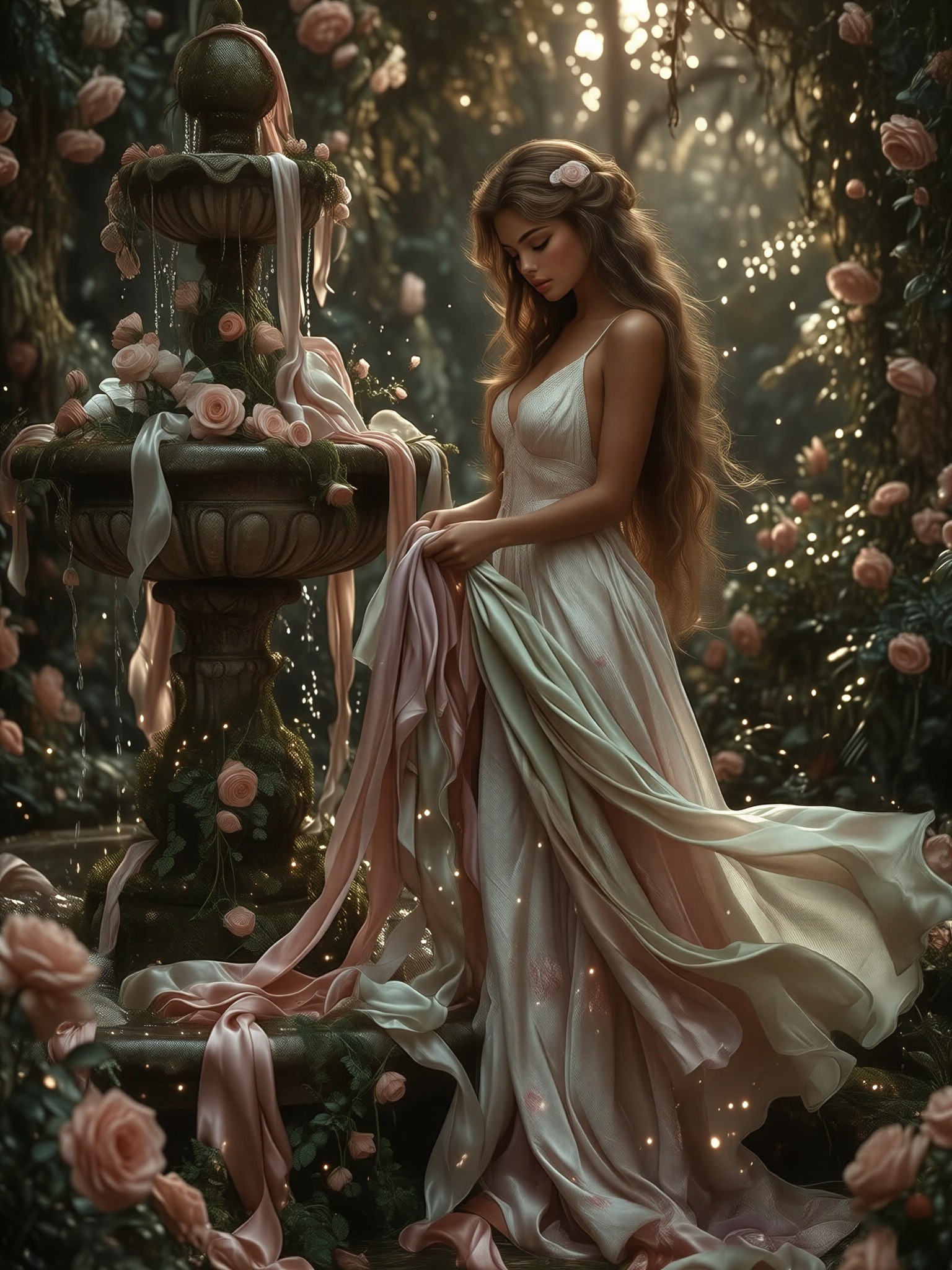 Dreamy Girl in Ribbon Fountain Garden — AI generated image