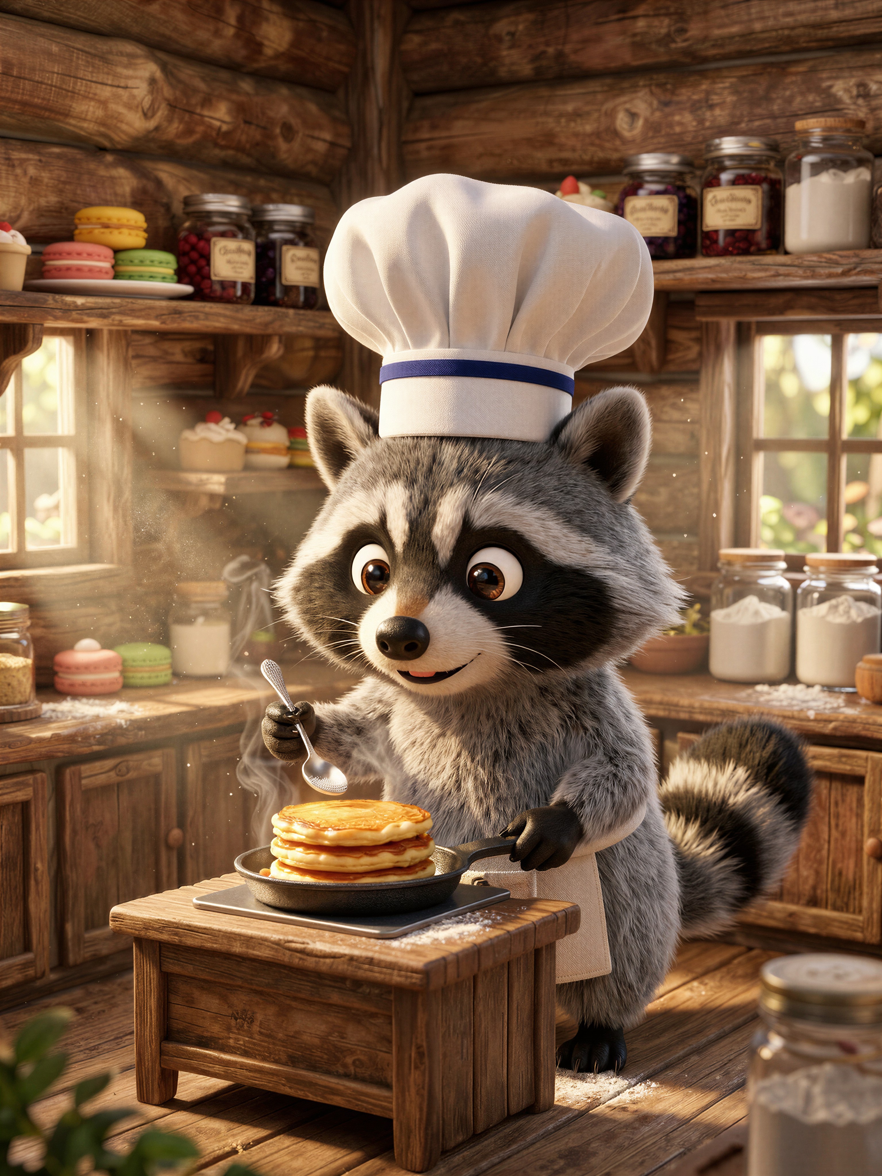 Pixar Raccoon Chef in Cozy Sunrise Café — AI generated image