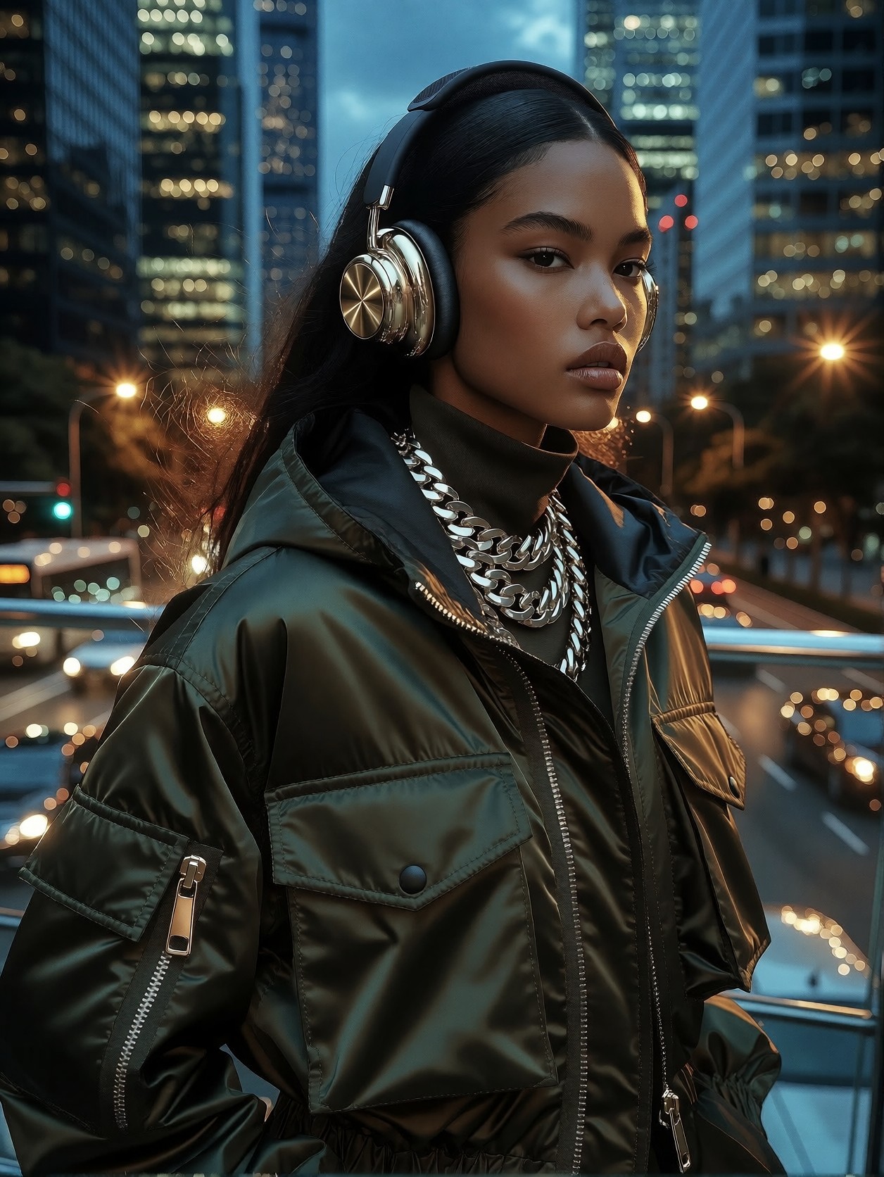 Confident Woman in Olive Utility Jacket, City Lights — AI generated image