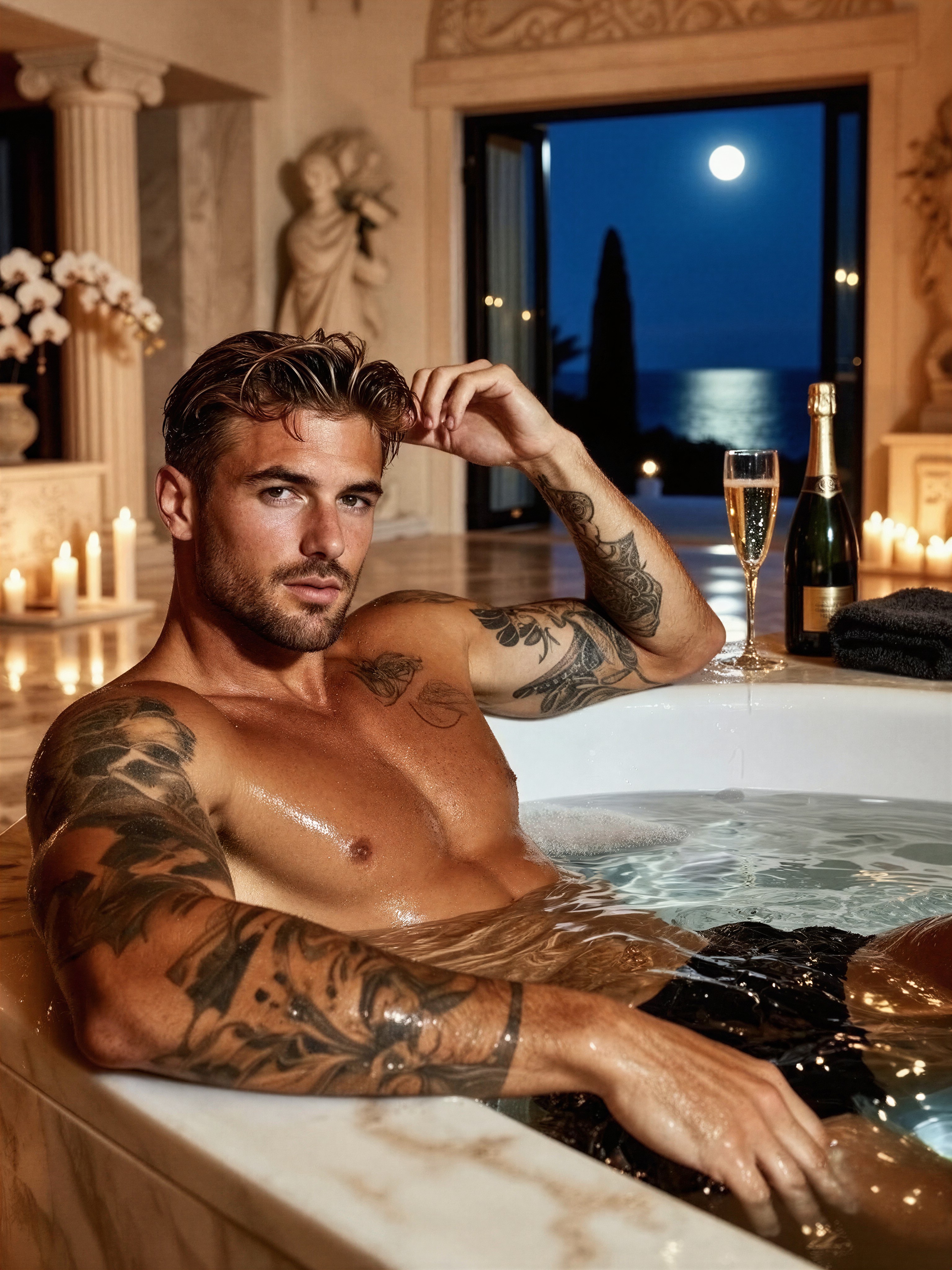 Athletic Man In Marble Tub — AI generated image