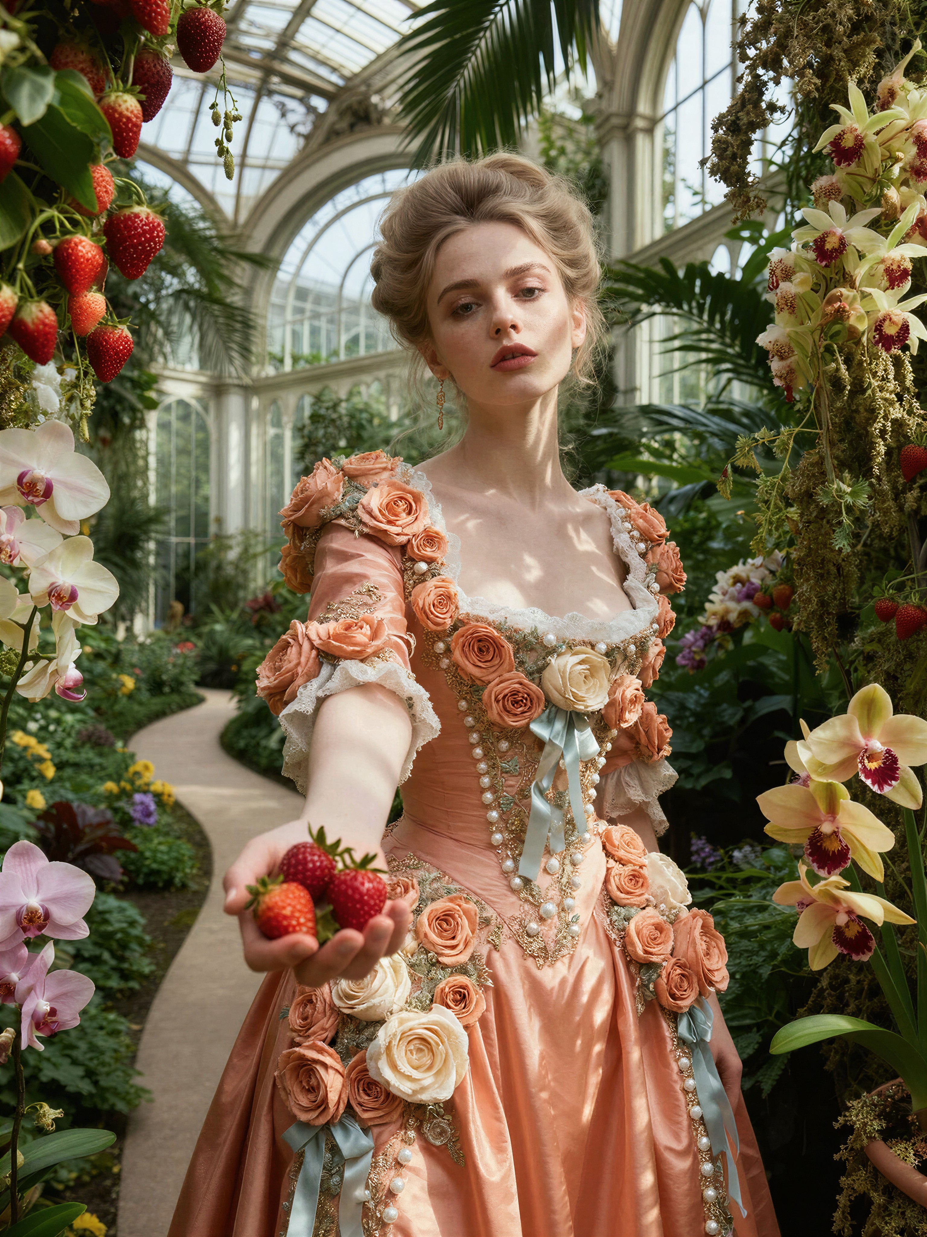 Apricot-Gowned Woman Offering Strawberries in Greenhouse — AI generated image