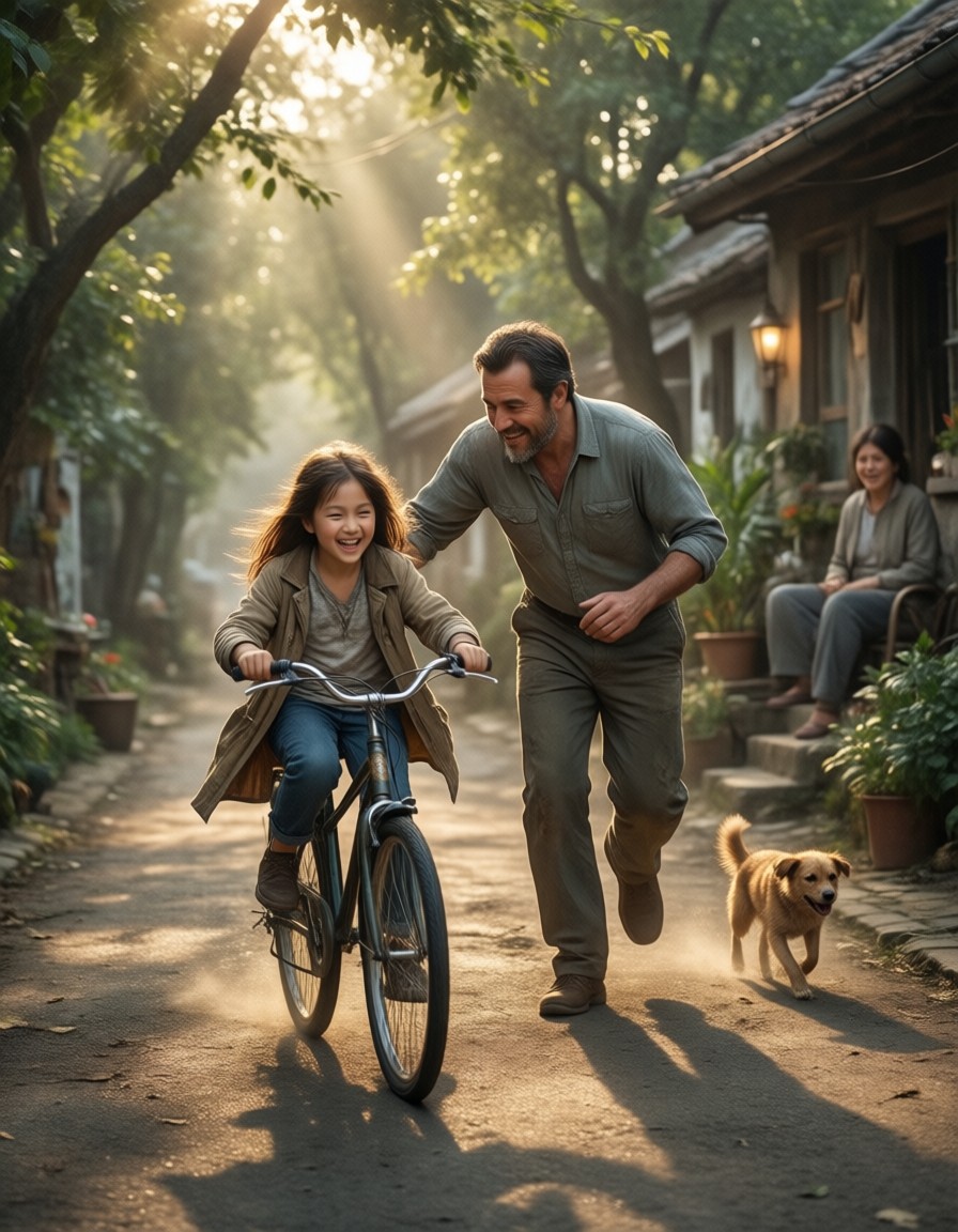 Nostalgic Father Daughter Bicycle Lesson — AI generated image