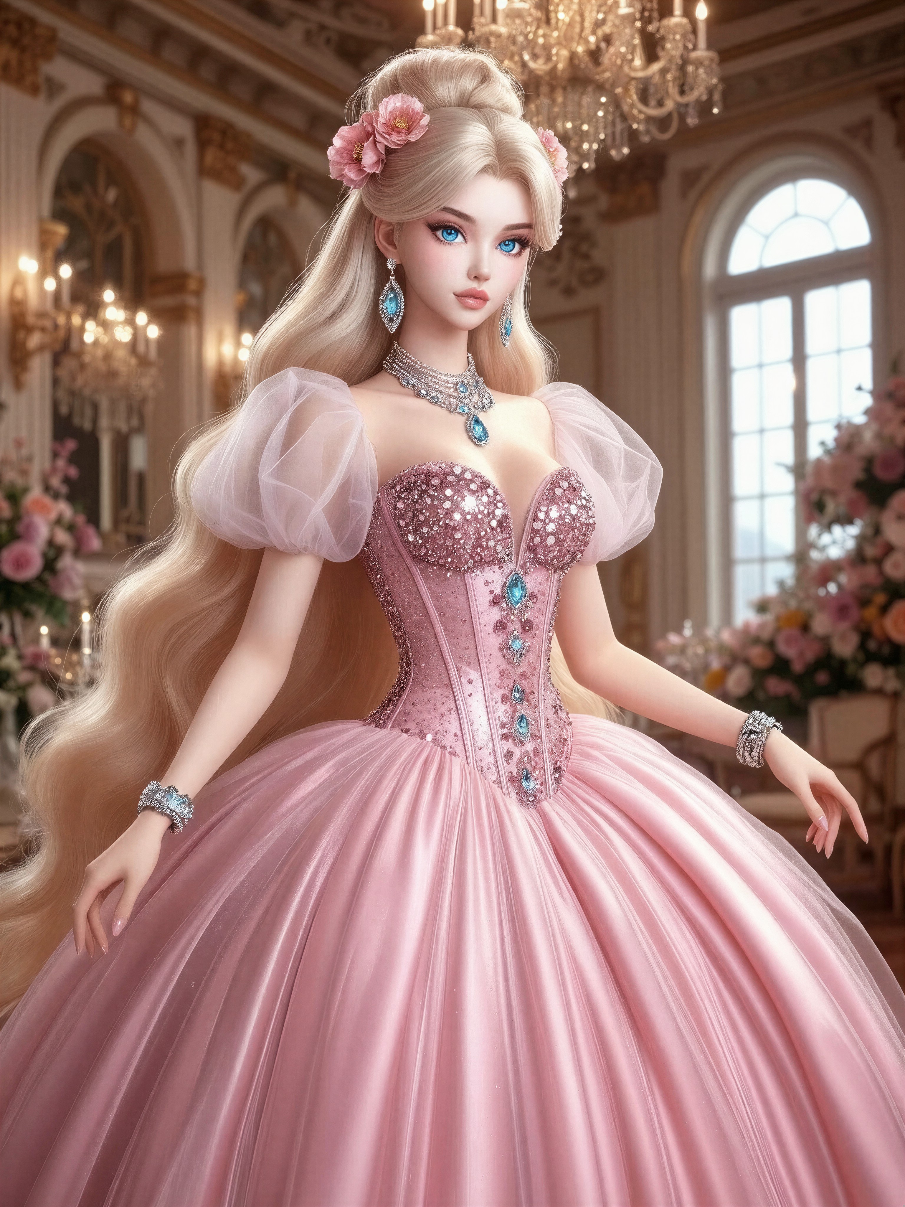 Elegant 3D-Rendered Character in Grand Ballroom Glamour Opulence — AI generated image