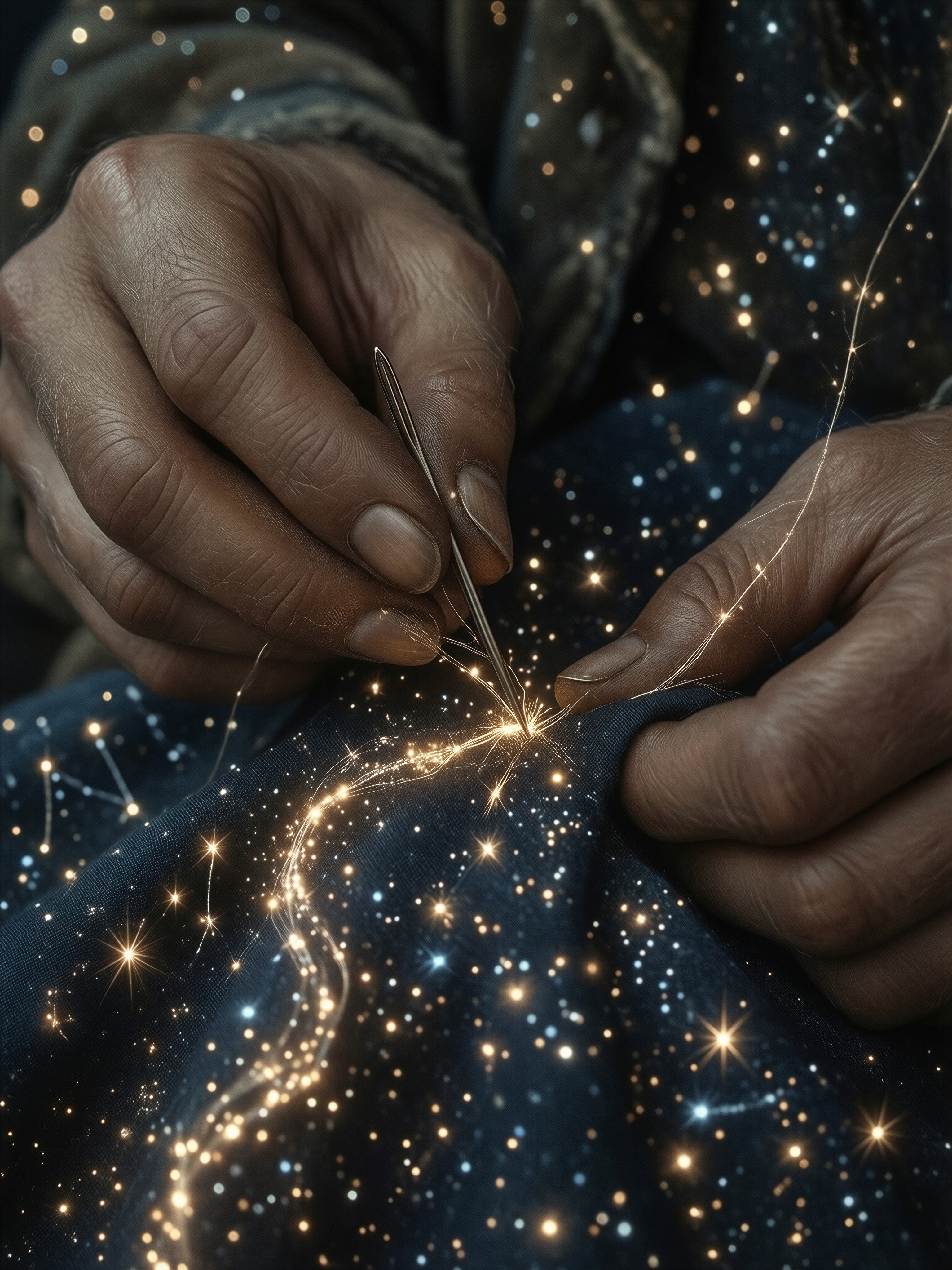 Weathered Hands Sewing Starlight — AI generated image