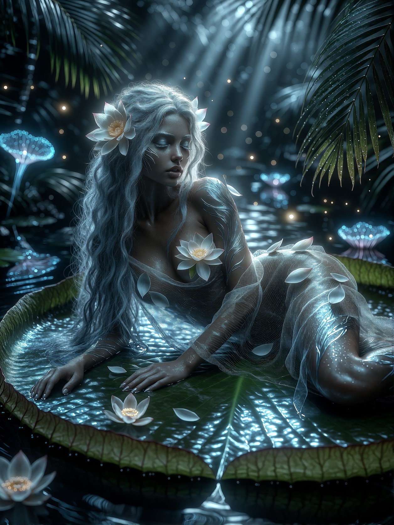 Ethereal Nature Spirit in Moonlit Lagoon — AI generated image