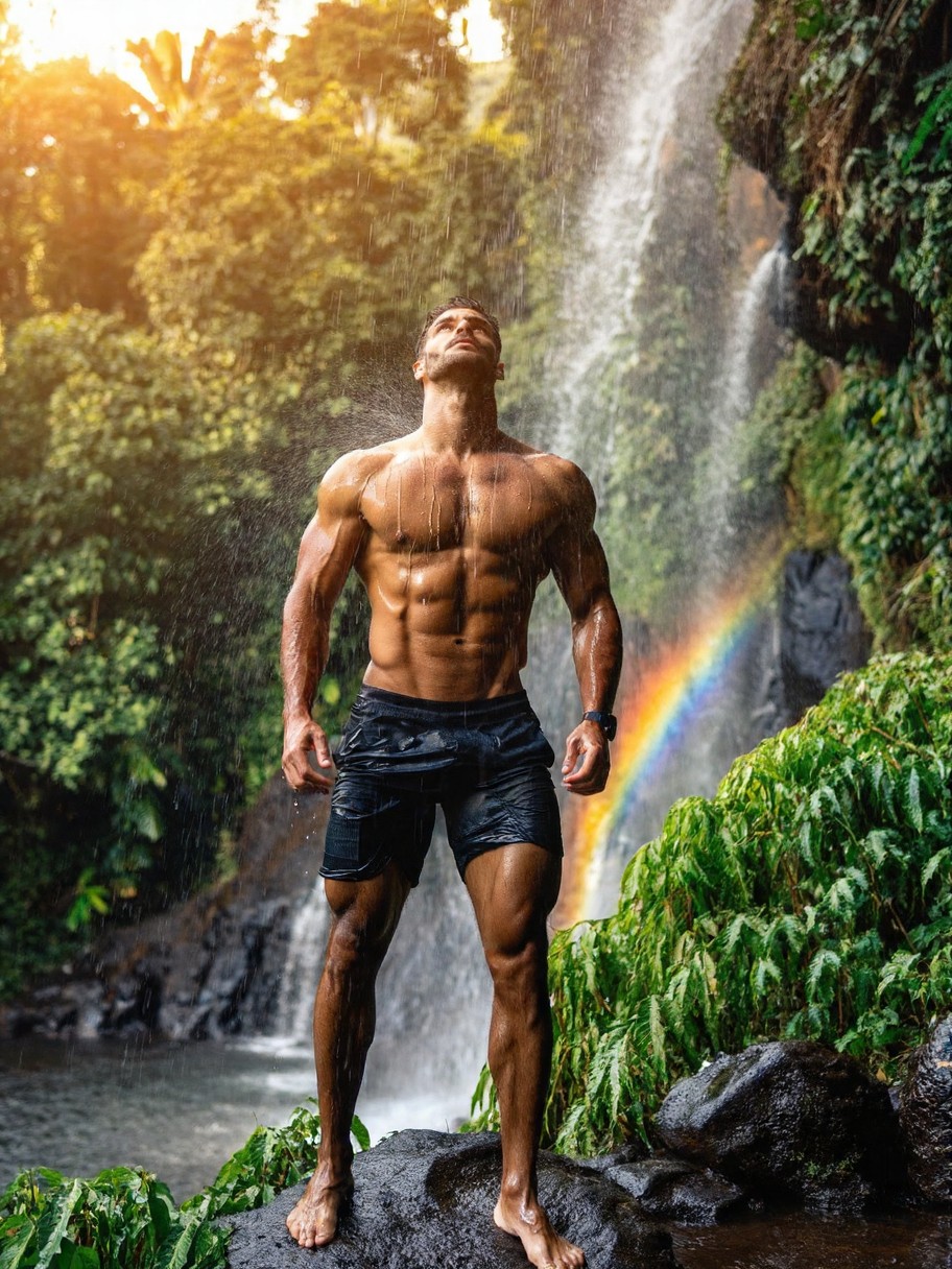 Muscular Man in Jungle Waterfall — AI generated image