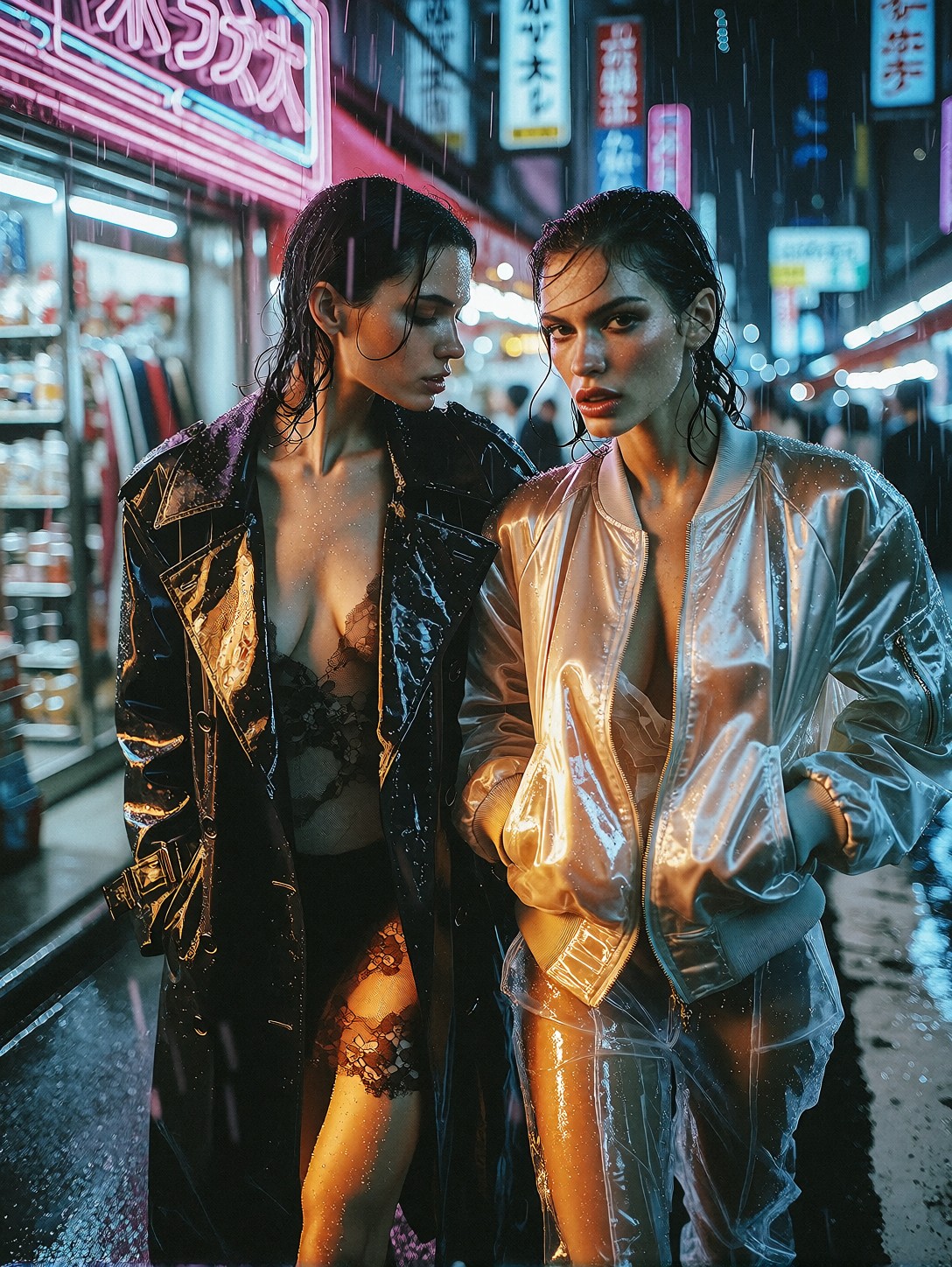 Two Women Walking Through Tokyo Neon Rain — AI generated image