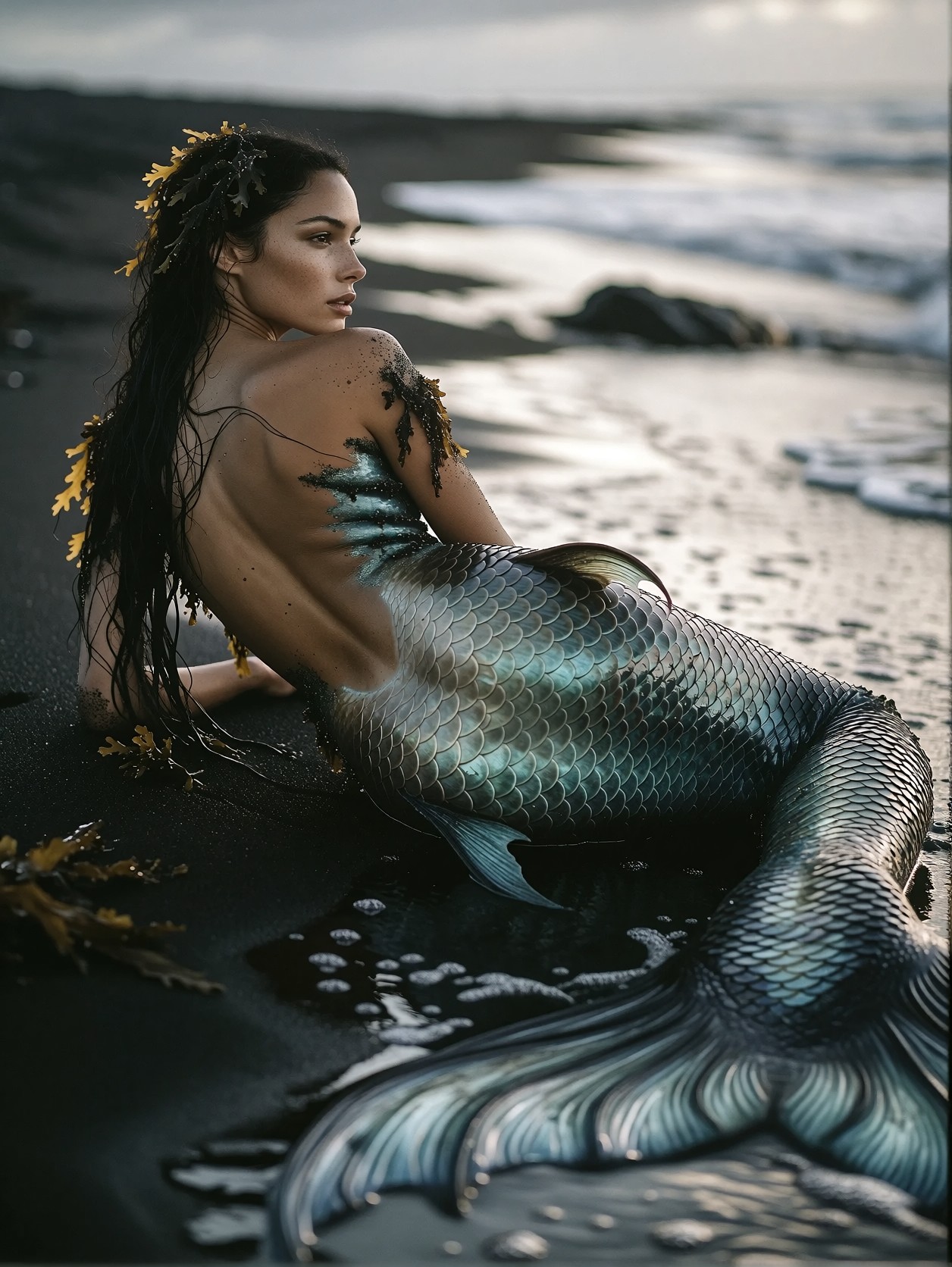 Mythical Mermaid on Volcanic Beach — AI generated image