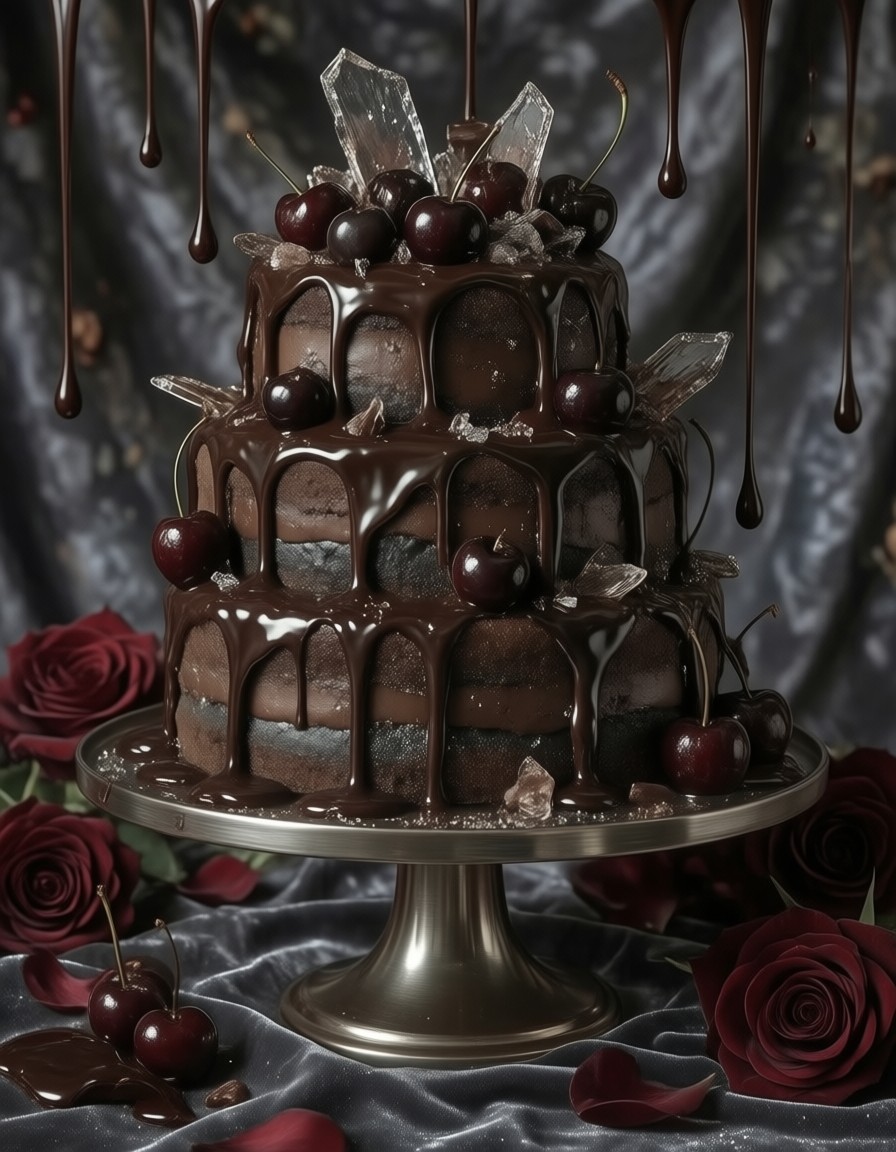Dark Chocolate Forest Cake with Glossy Cherry Glaze — AI generated image