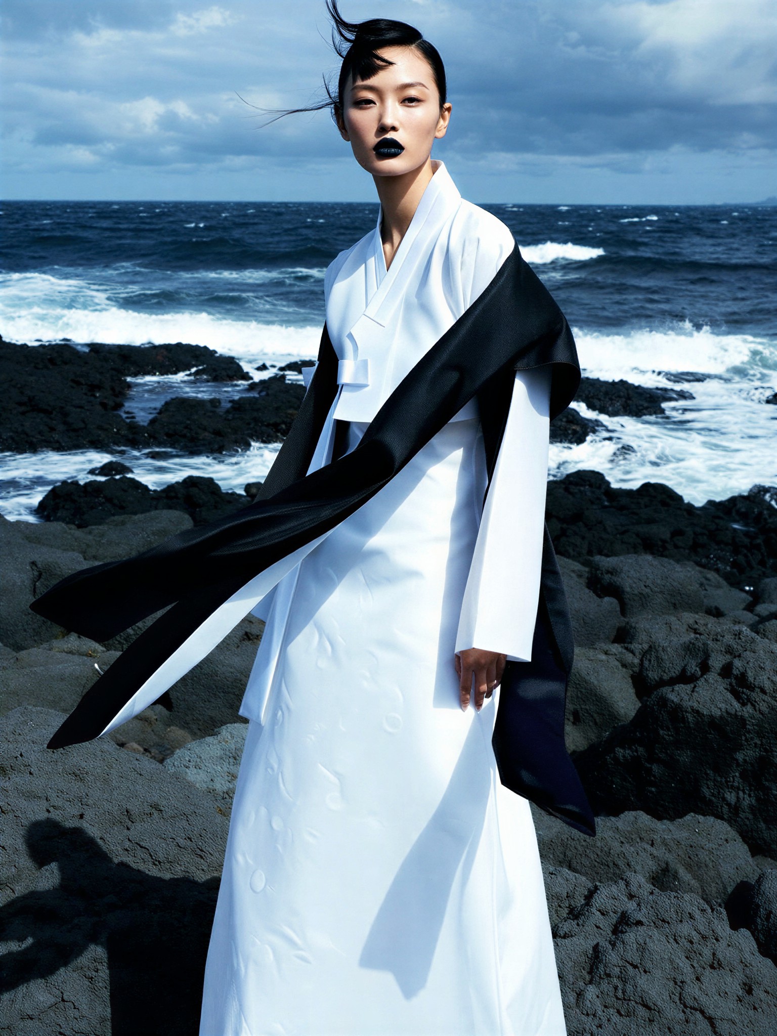 Modern Hanbok-Inspired Gown on Windswept Coast — AI generated image