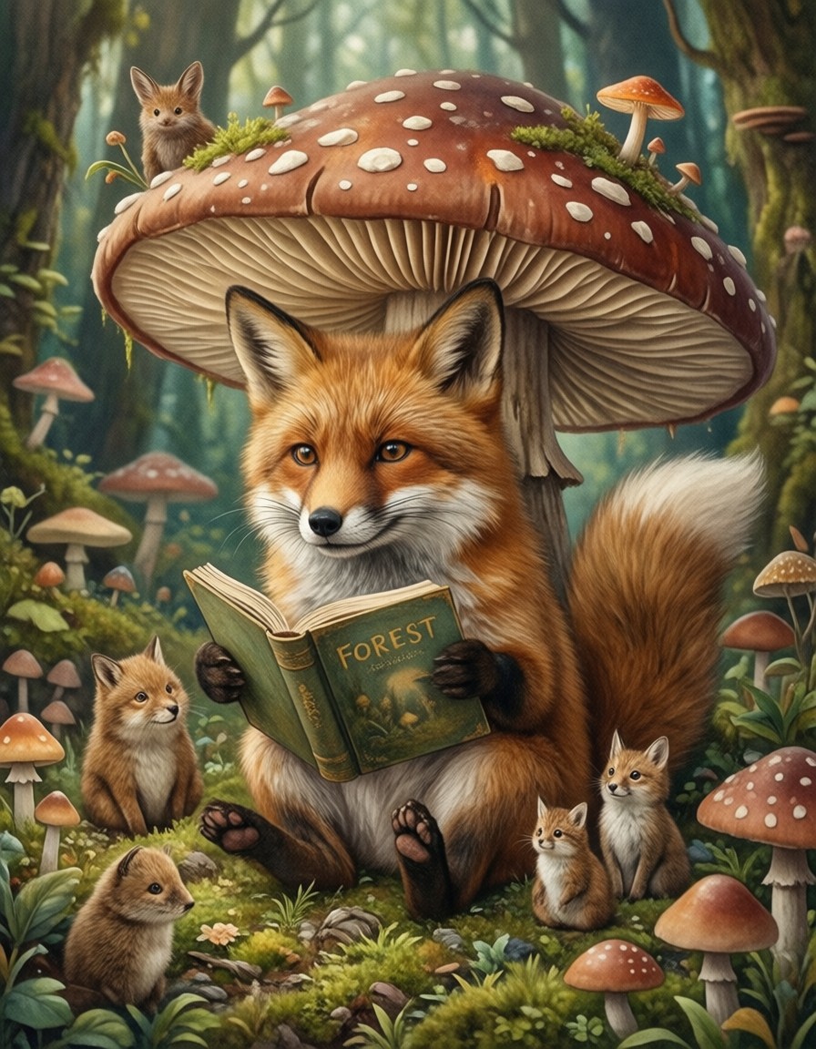 Whimsical Fox with Book in Forest — AI generated image