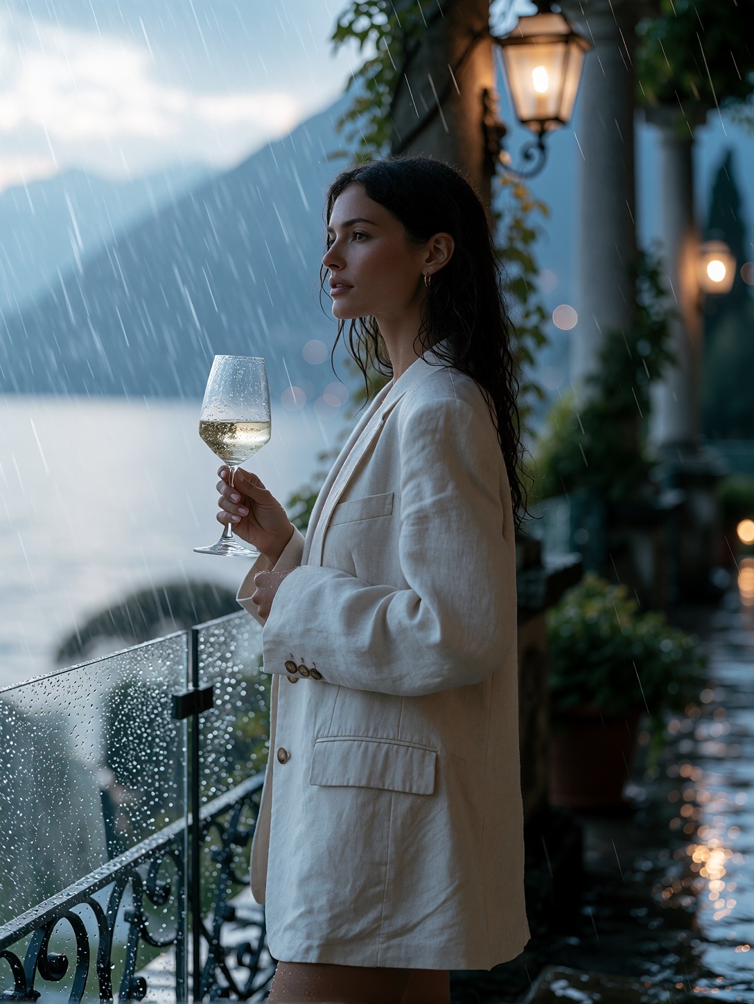Serene Rainy Terrace Wine Portrait — AI generated image