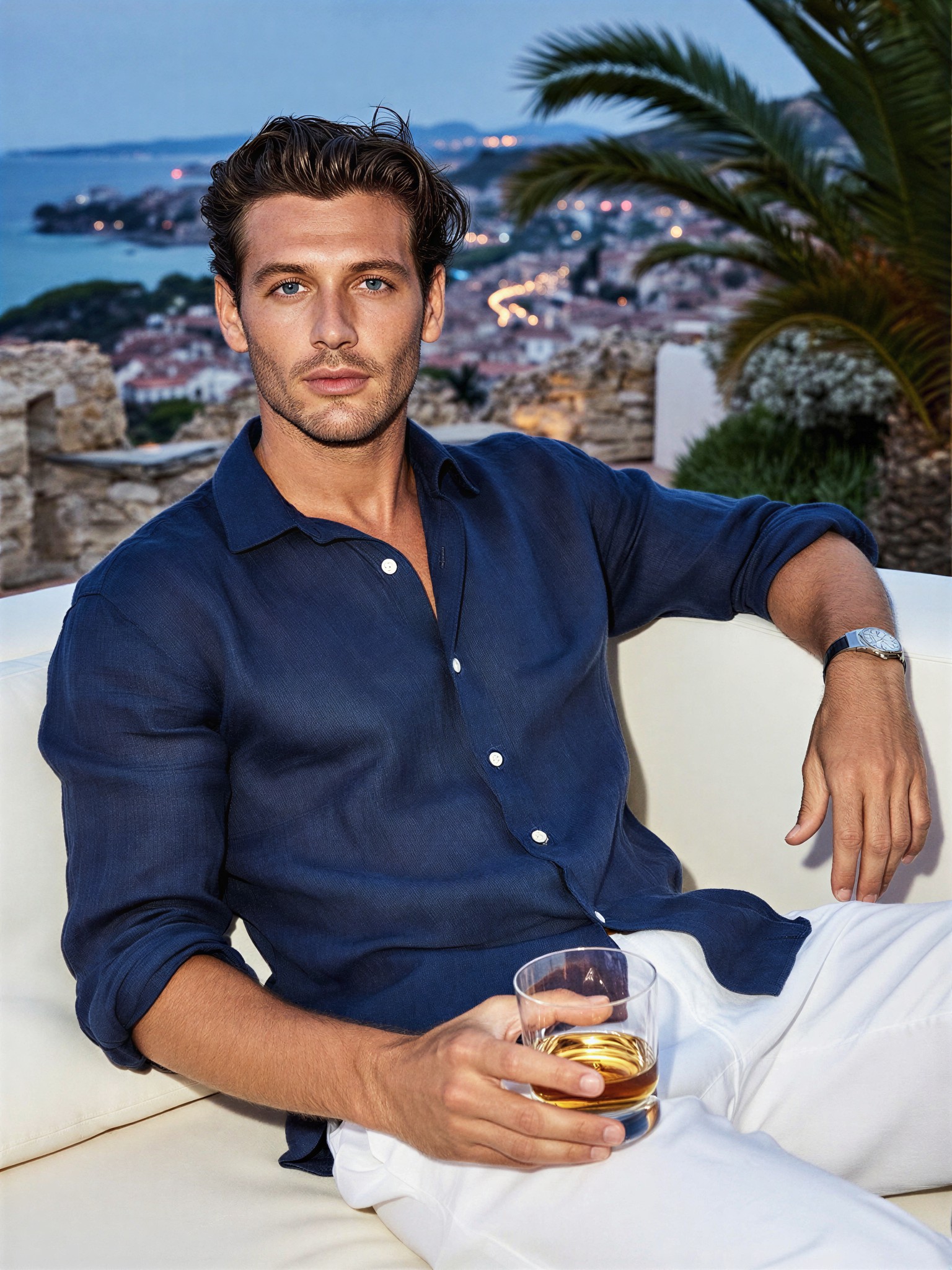 Sophisticated Man in Luxury Dusk Terrace — AI generated image