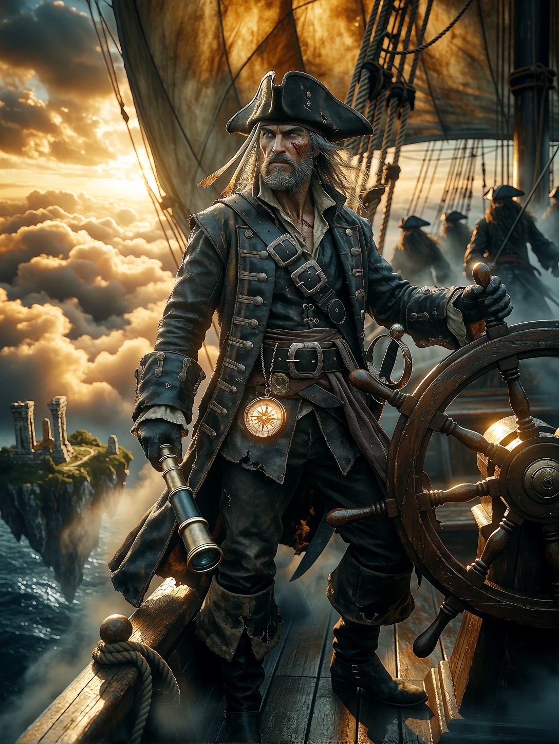Grizzled Sky Pirate At Galleon Helm — AI generated image