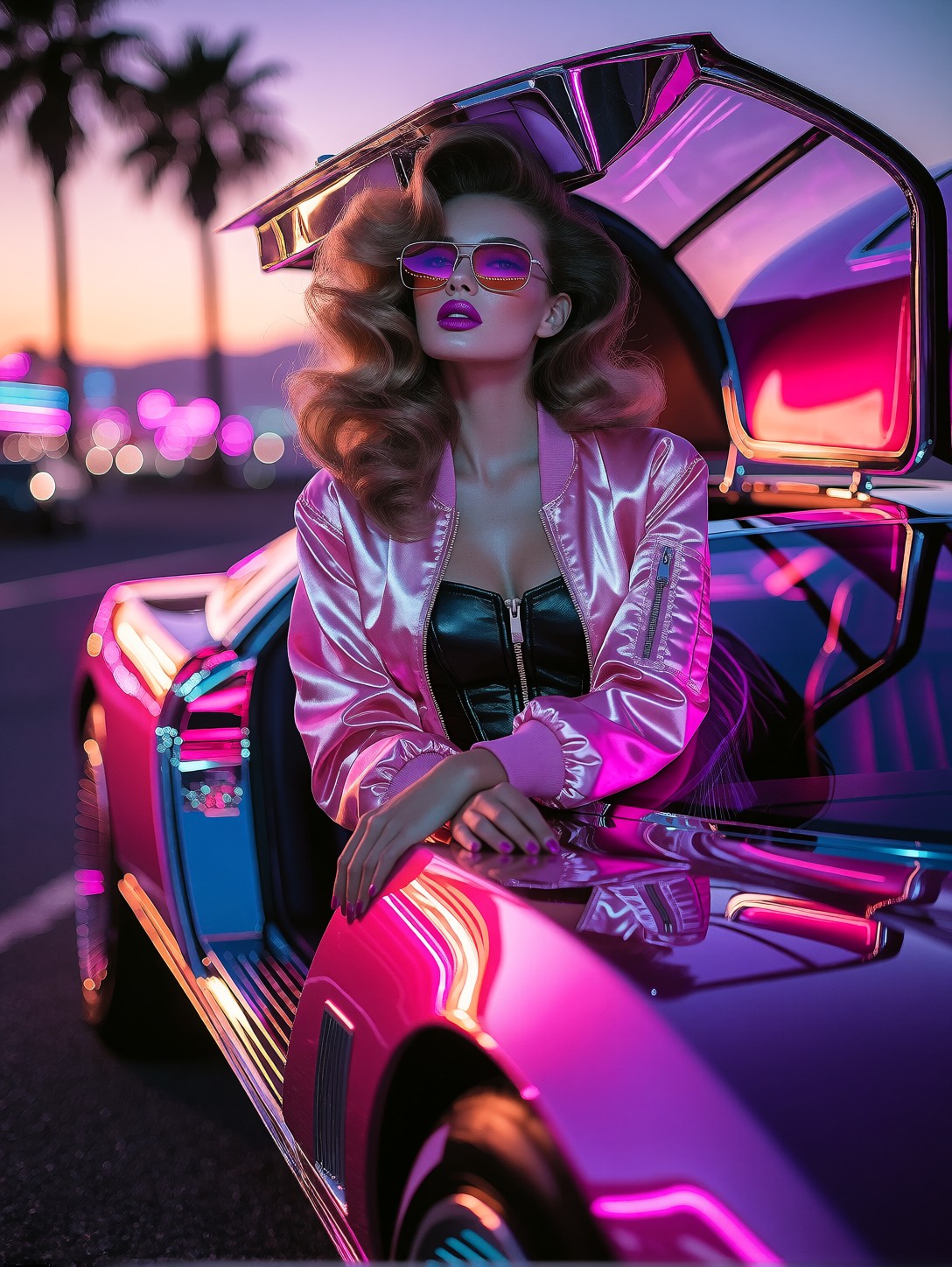 Stylish Woman in Pink Jacket Against Neon Supercar — AI generated image