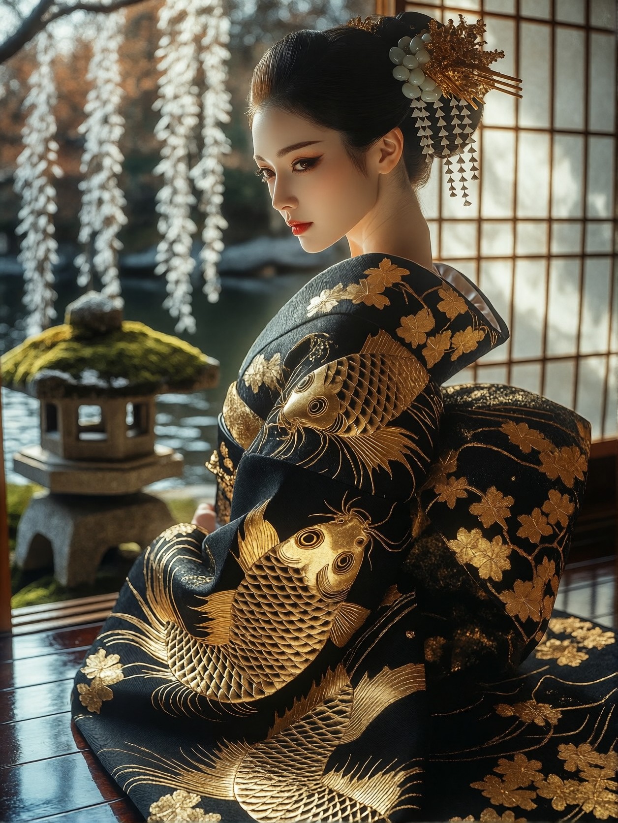 Noble Japanese Lady in Ornate Kimono — AI generated image
