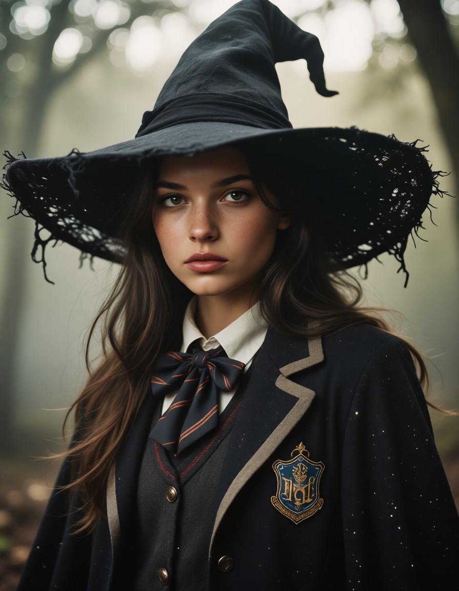 Cinematic Rugged Witch in Magic School Uniform — AI generated image