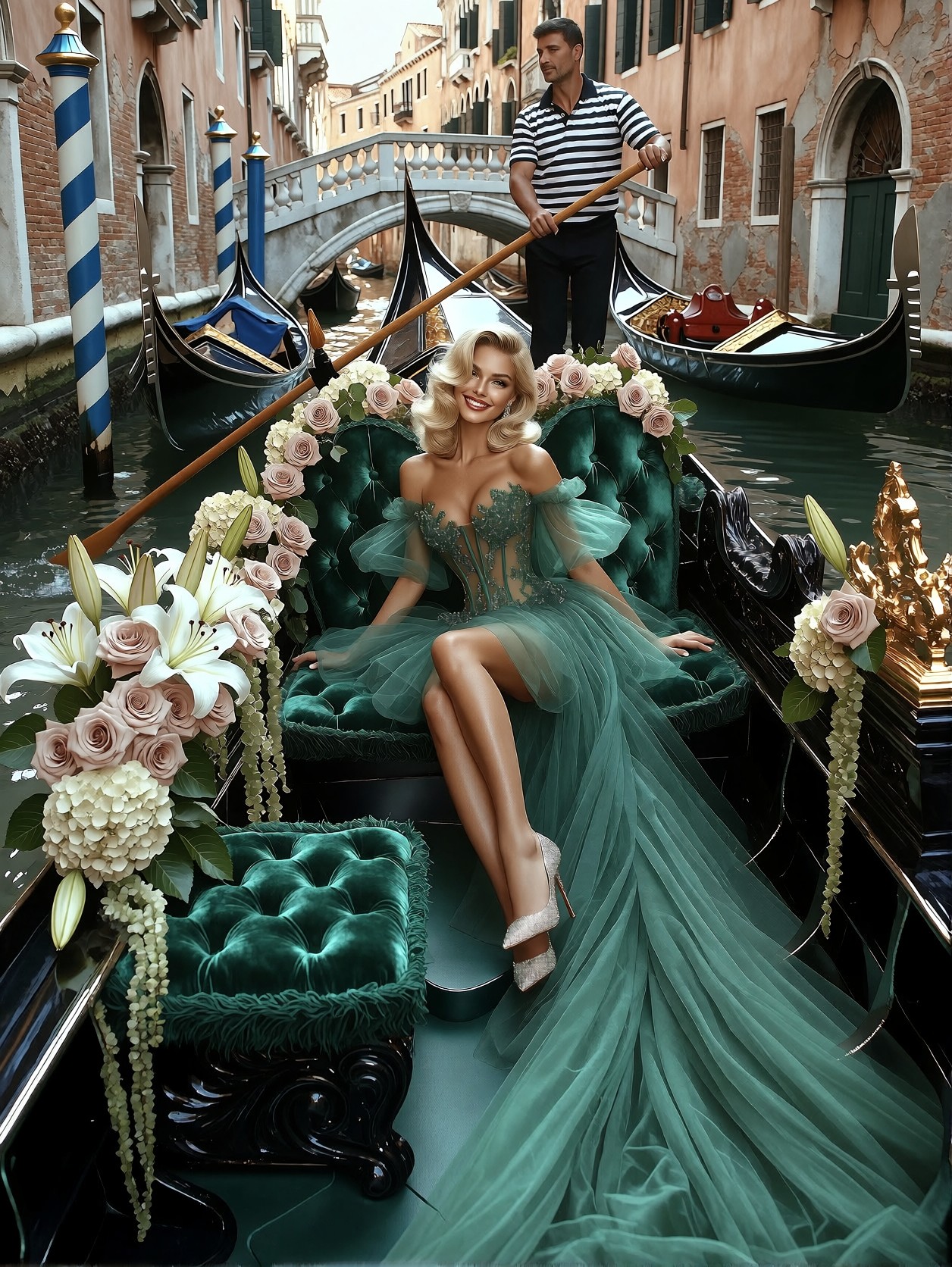 Glamorous Woman in Emerald Gondola — AI generated image