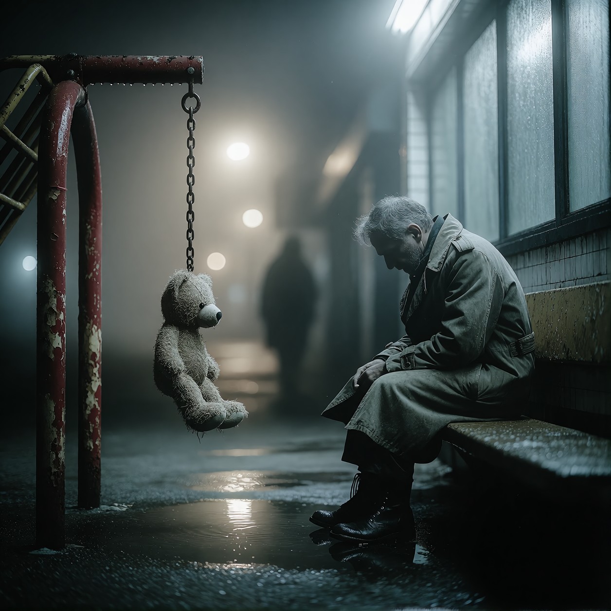 Rusted Playground Set In Fog — AI generated image