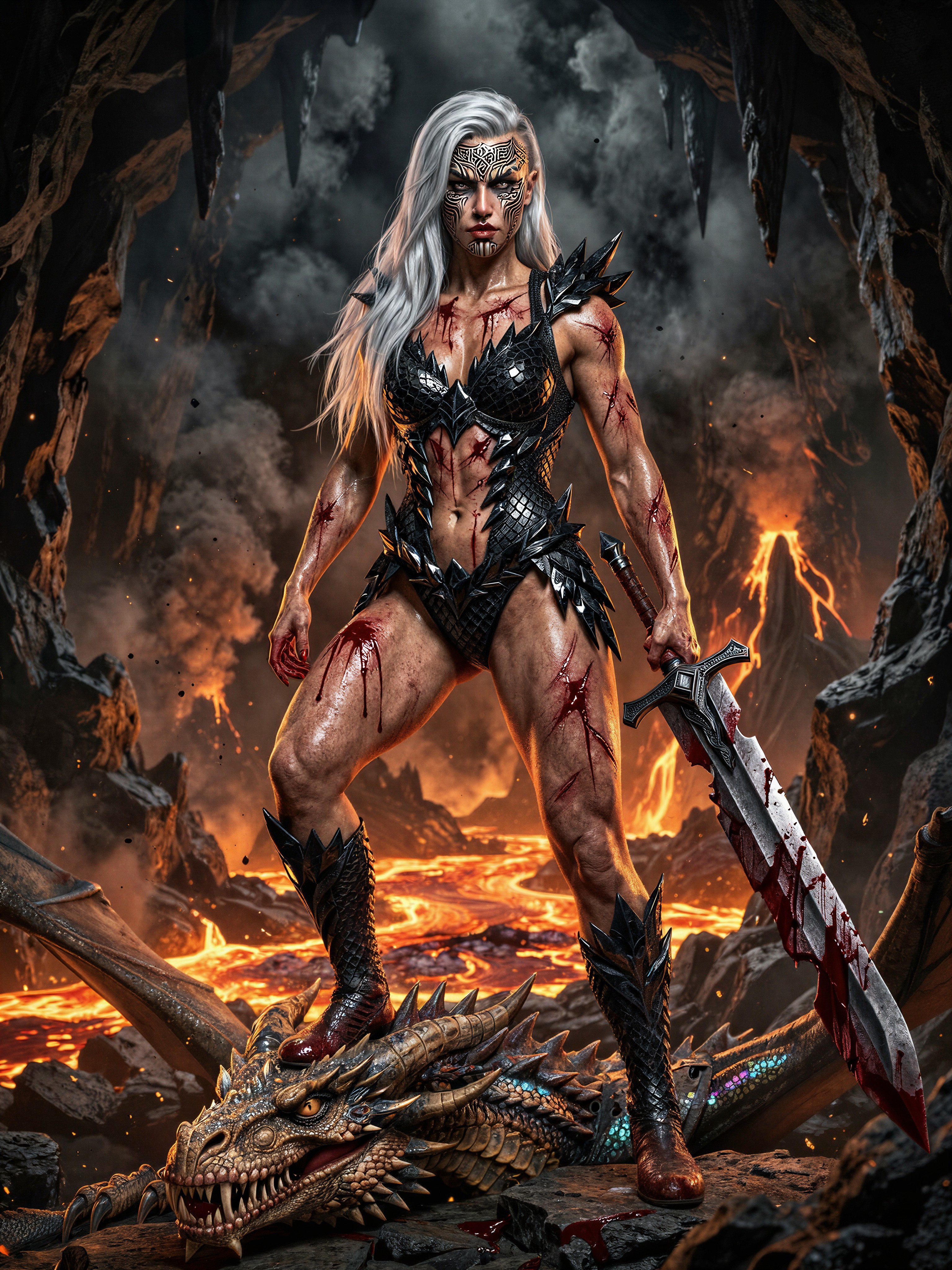 Shield-Maiden Conquers Dragon in Volcano — AI generated image