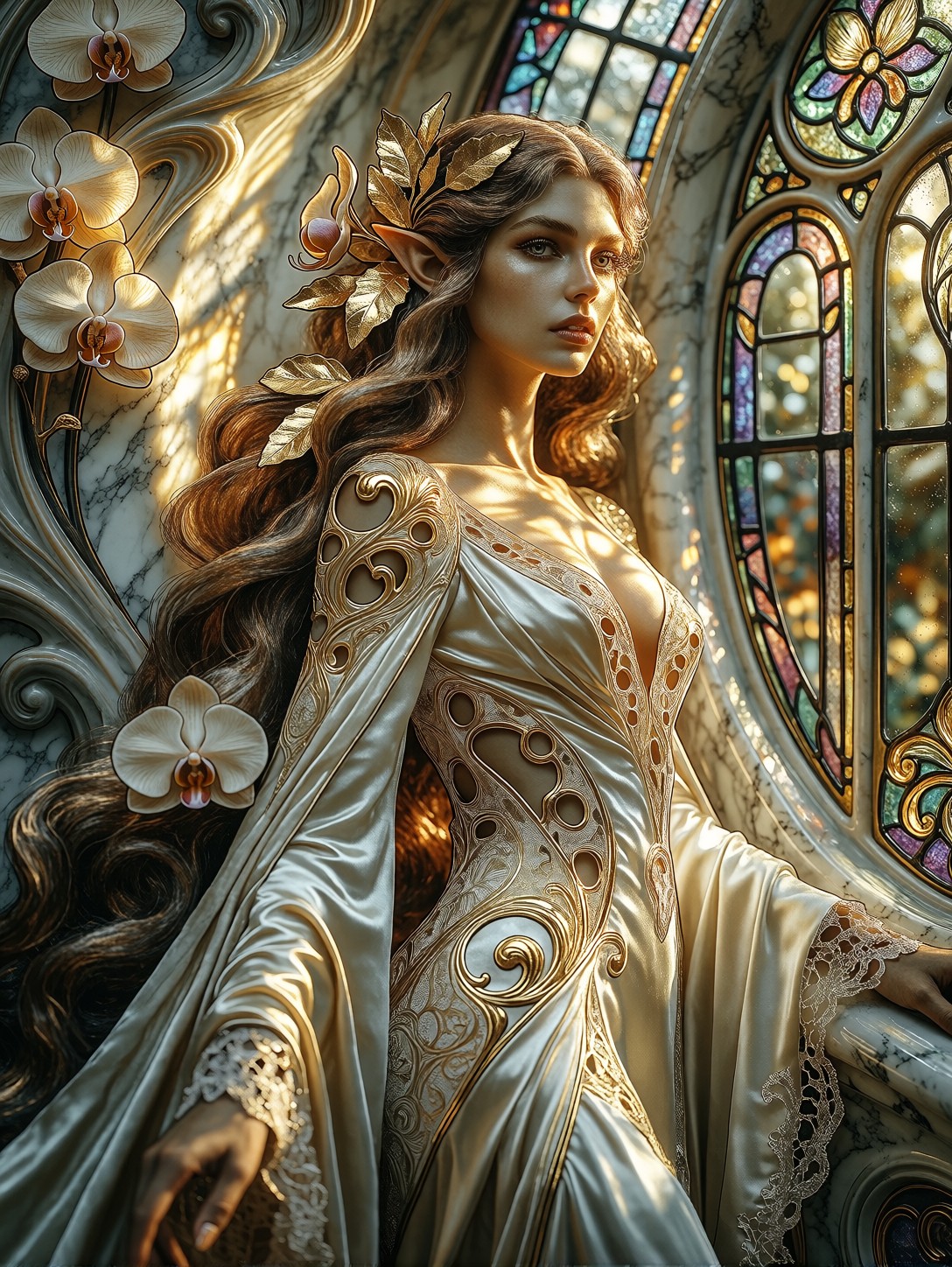 Art Nouveau Elf Sorceress in Ornate Conservatory — AI generated image