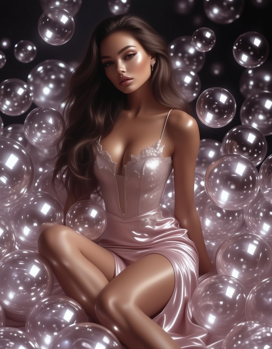 Elegant Model in Pink Dress with Bubbles — AI generated image
