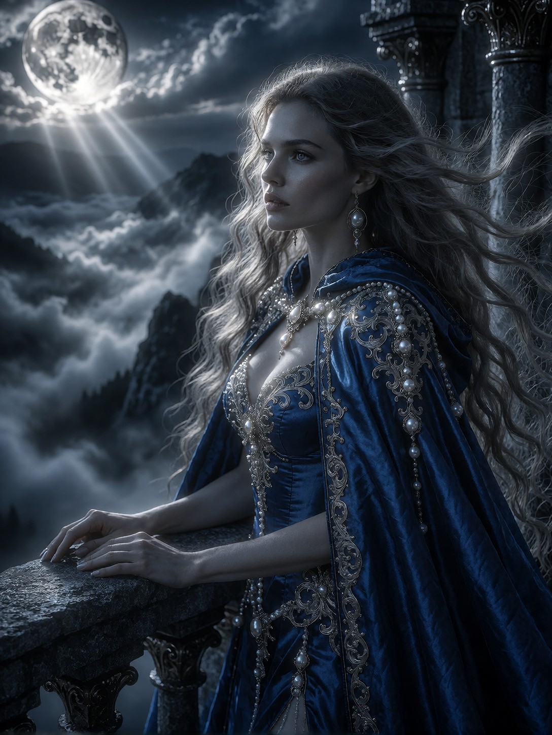 Moonlit Cobalt Sorceress On Mountain Balcony — AI generated image