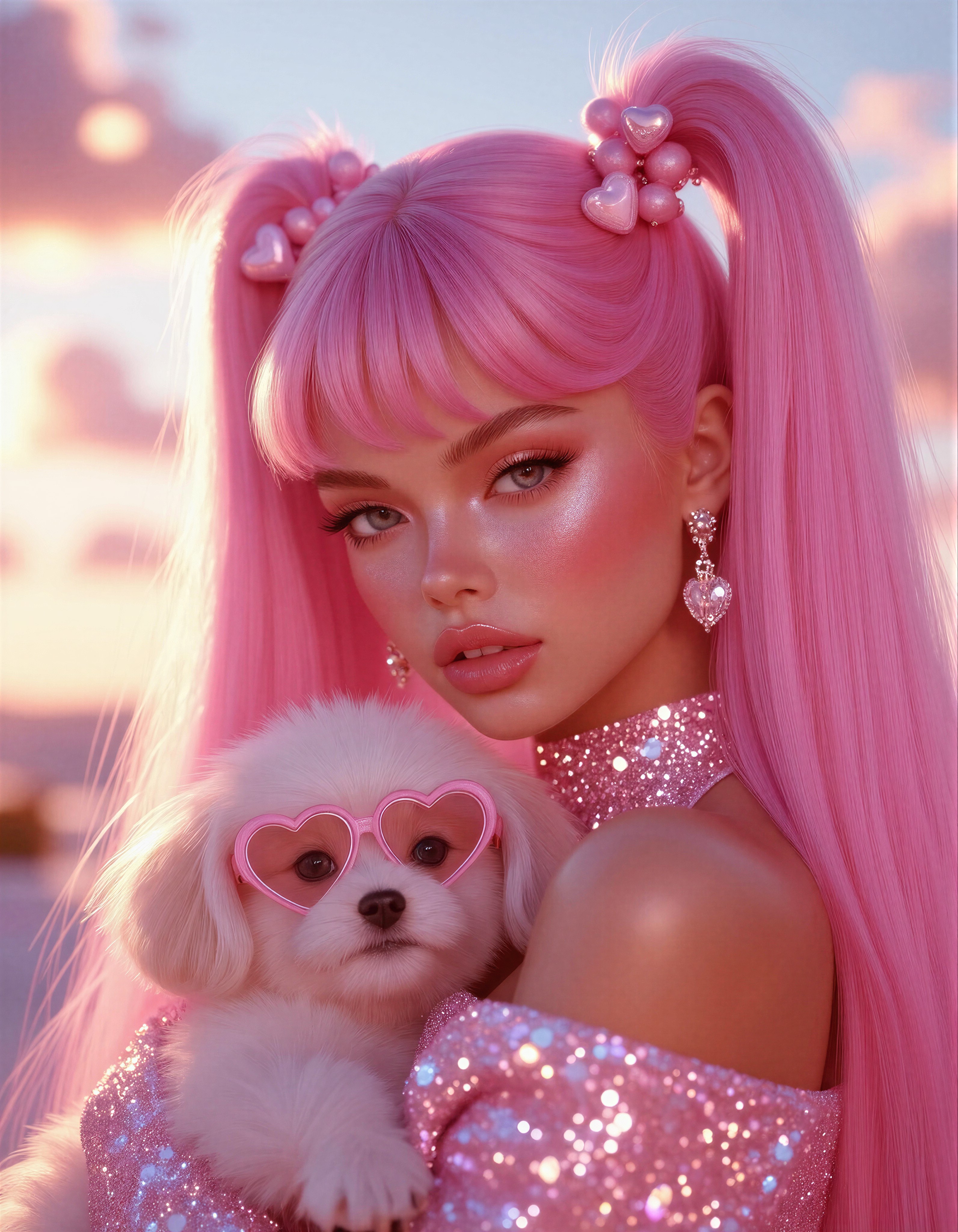 Dreamy Sunset with Pink Ponytails and Fluffy Dog — AI generated image