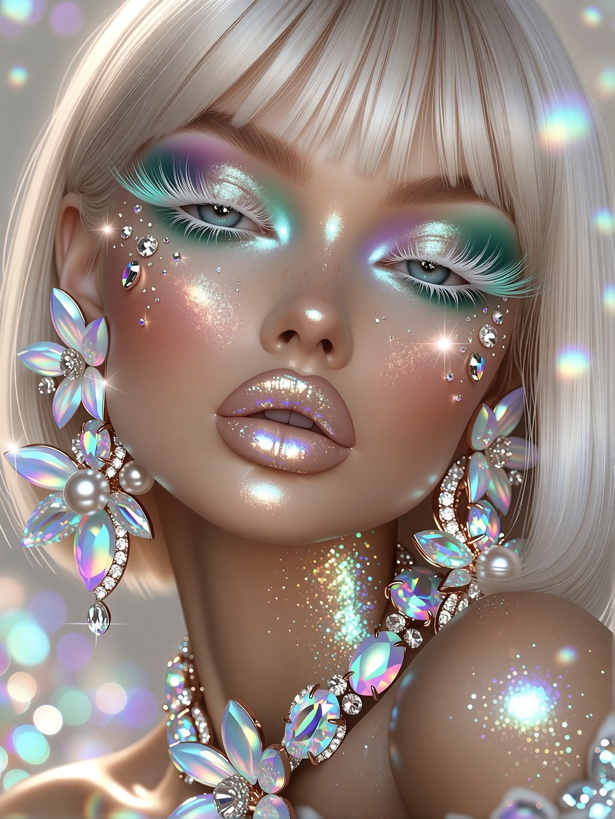 Celestial Makeup on Elegant Platinum-Bob Beauty — AI generated image