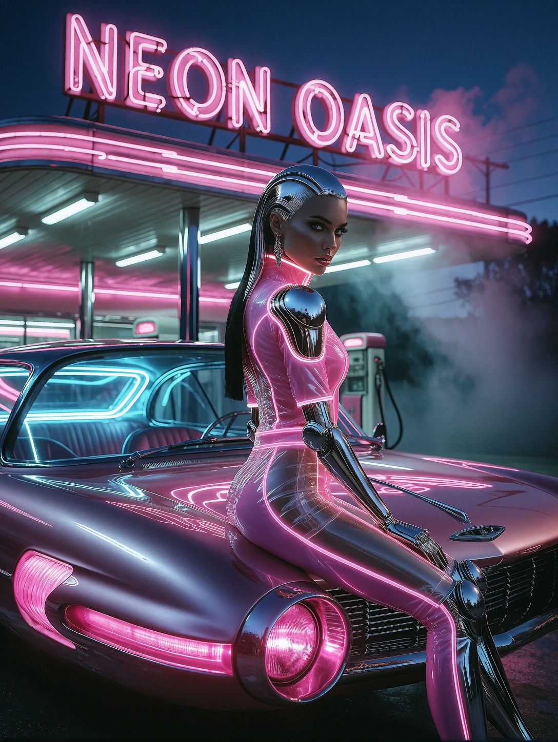 Cyborg Woman in Neon-Futuristic Hover-Car — AI generated image
