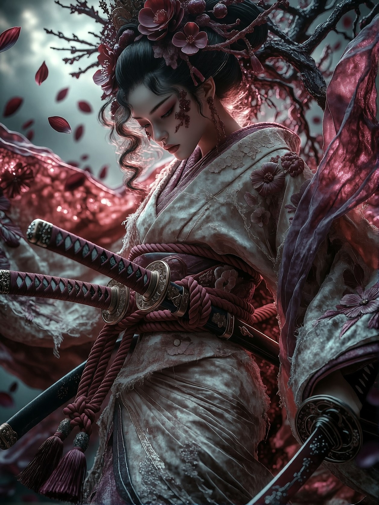 Dark Fantasy Warrior in Ornate Kimono — AI generated image