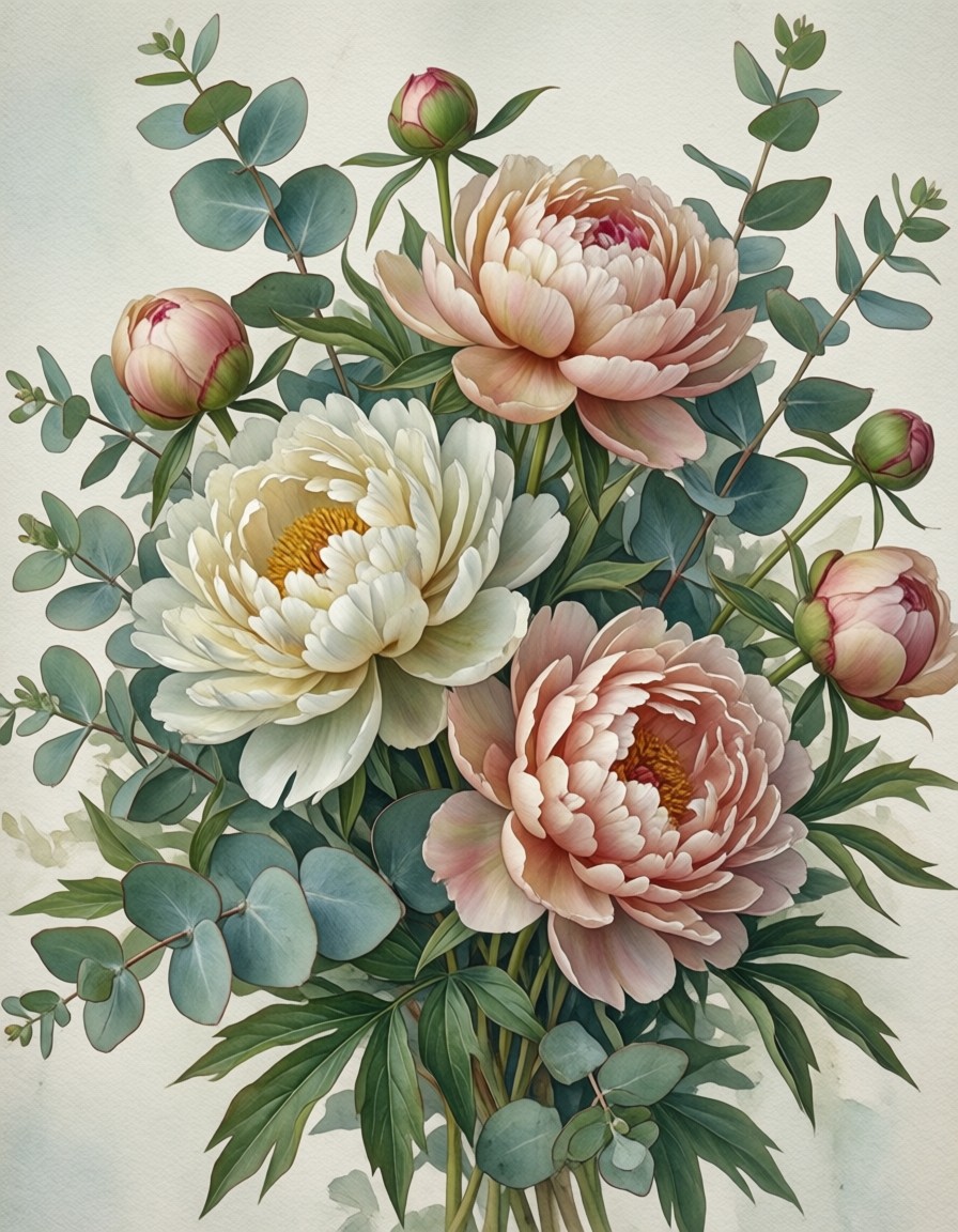 Botanical Watercolor of Peonies and Eucalyptus — AI generated image