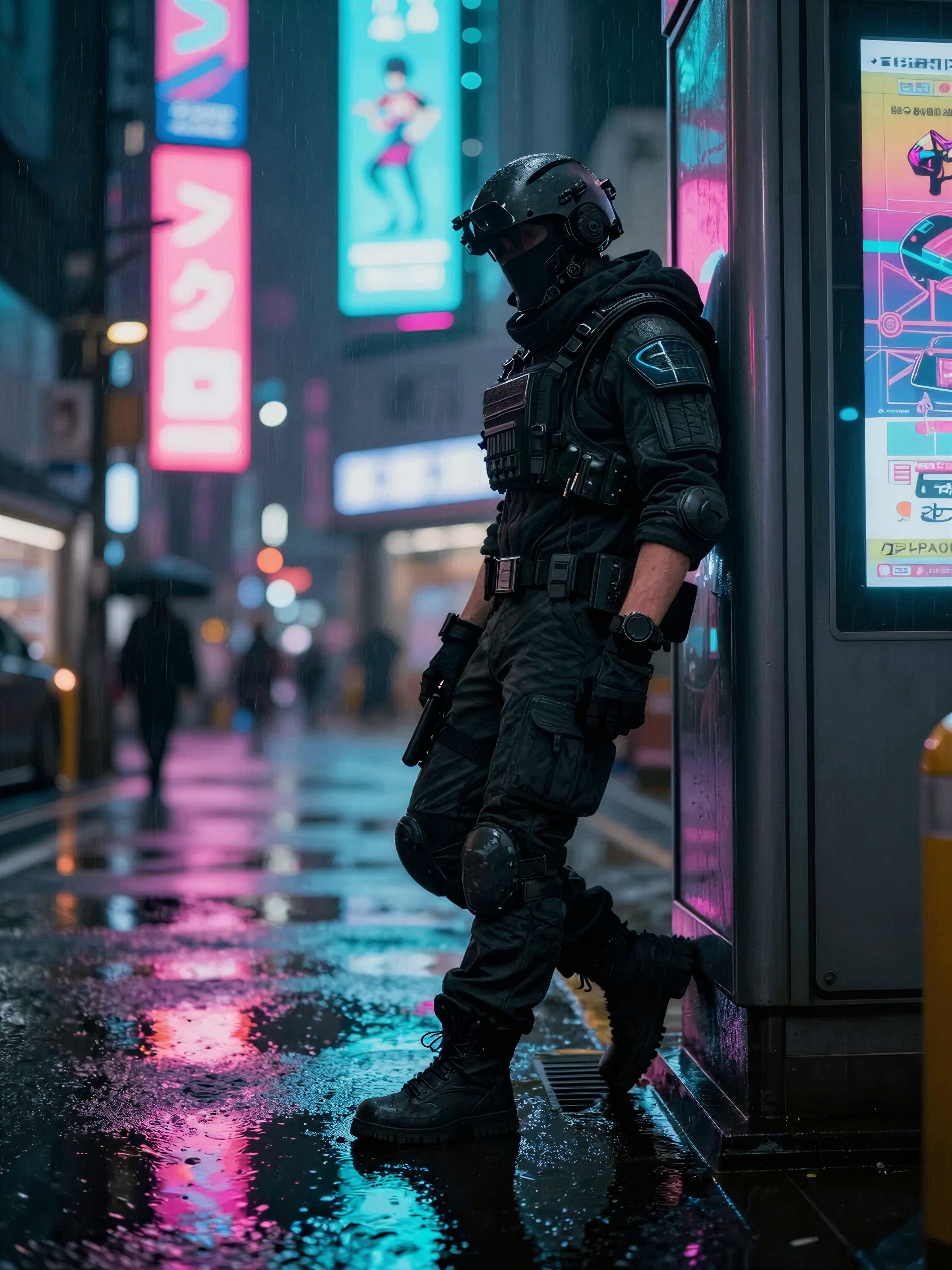 Futuristic Mercenary in Neon-Drenched Neo-Tokyo — AI generated image