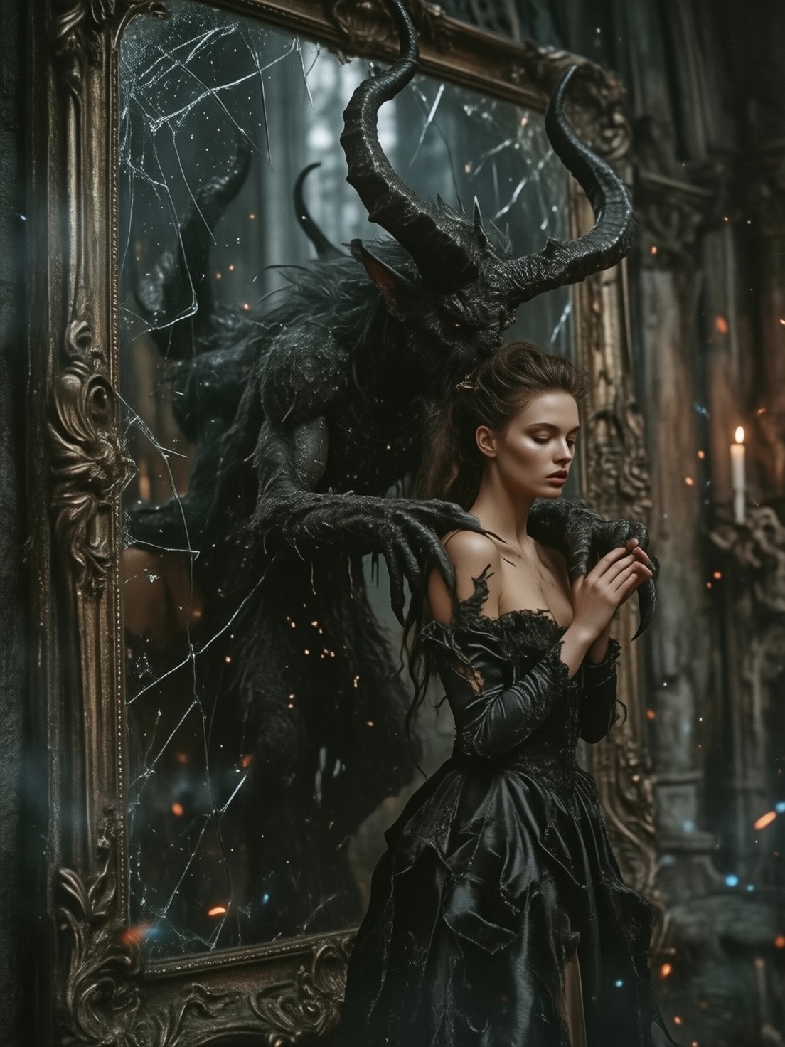 Elegant Woman and Shadowy Demon Reflection — AI generated image