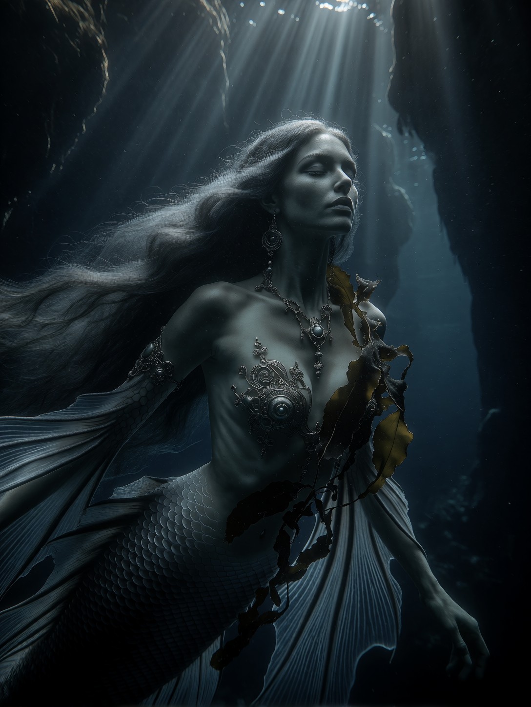 Serene Mermaid in Deep Ocean Cave — AI generated image