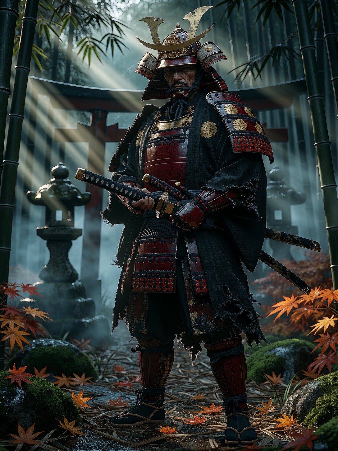 Solemn Samurai Standing In Mist — AI generated image