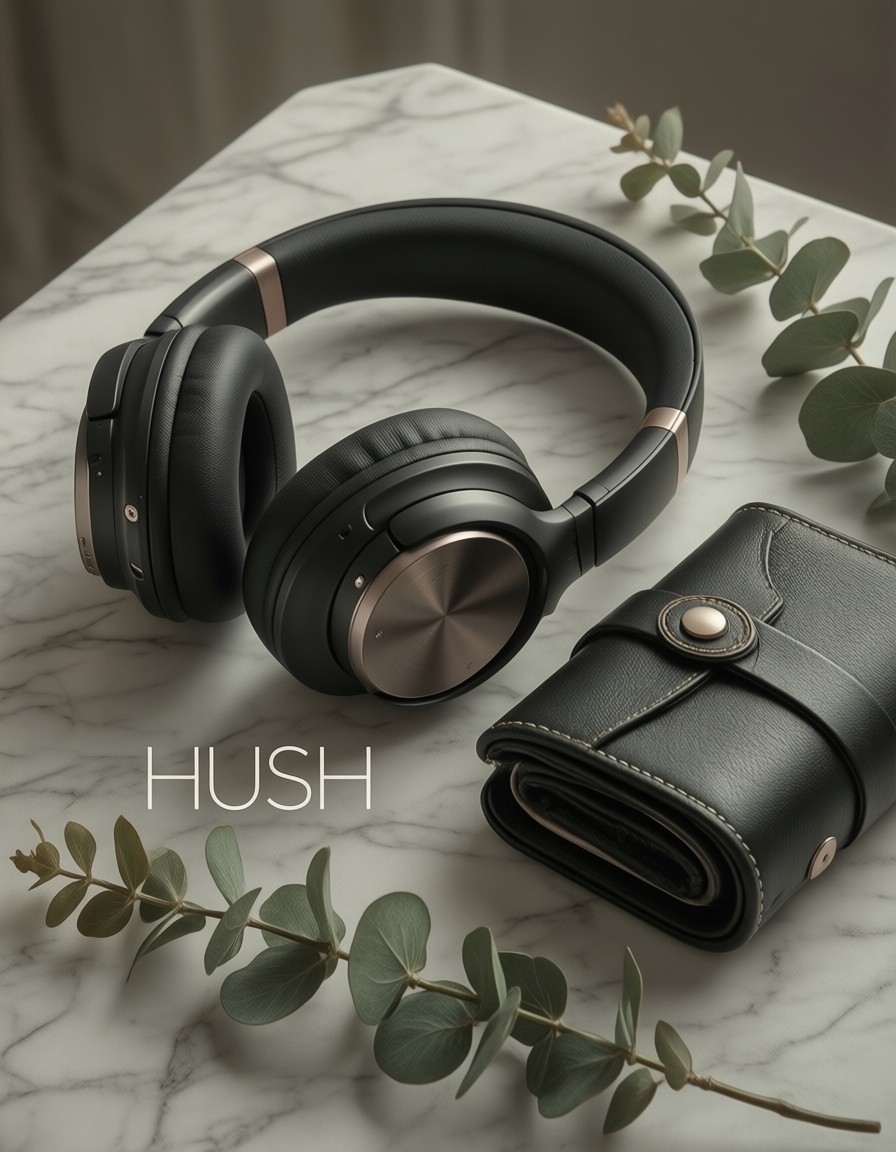 HUSH Headphones Minimalist Display — AI generated image