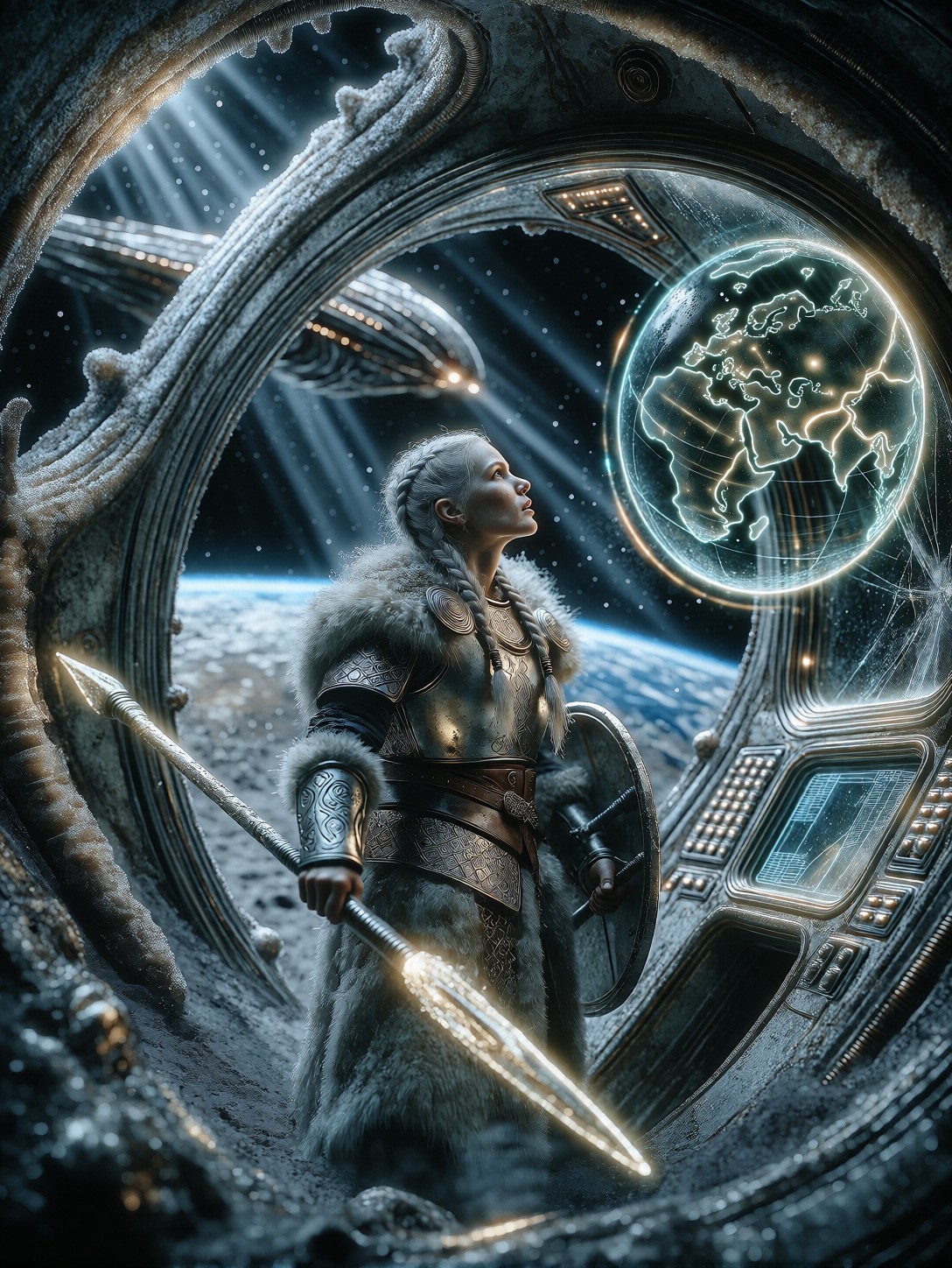 Lone Viking Shieldmaiden Inside Alien Starship — AI generated image