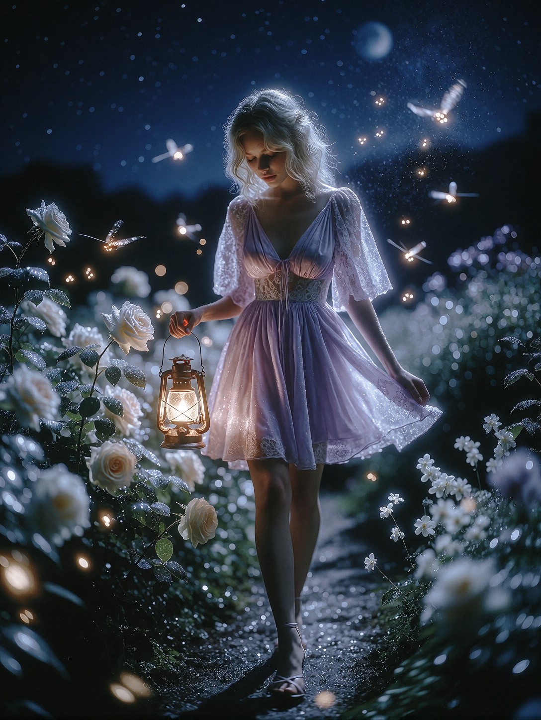 Dreamy Woman Walking Through Moonlit Garden — AI generated image