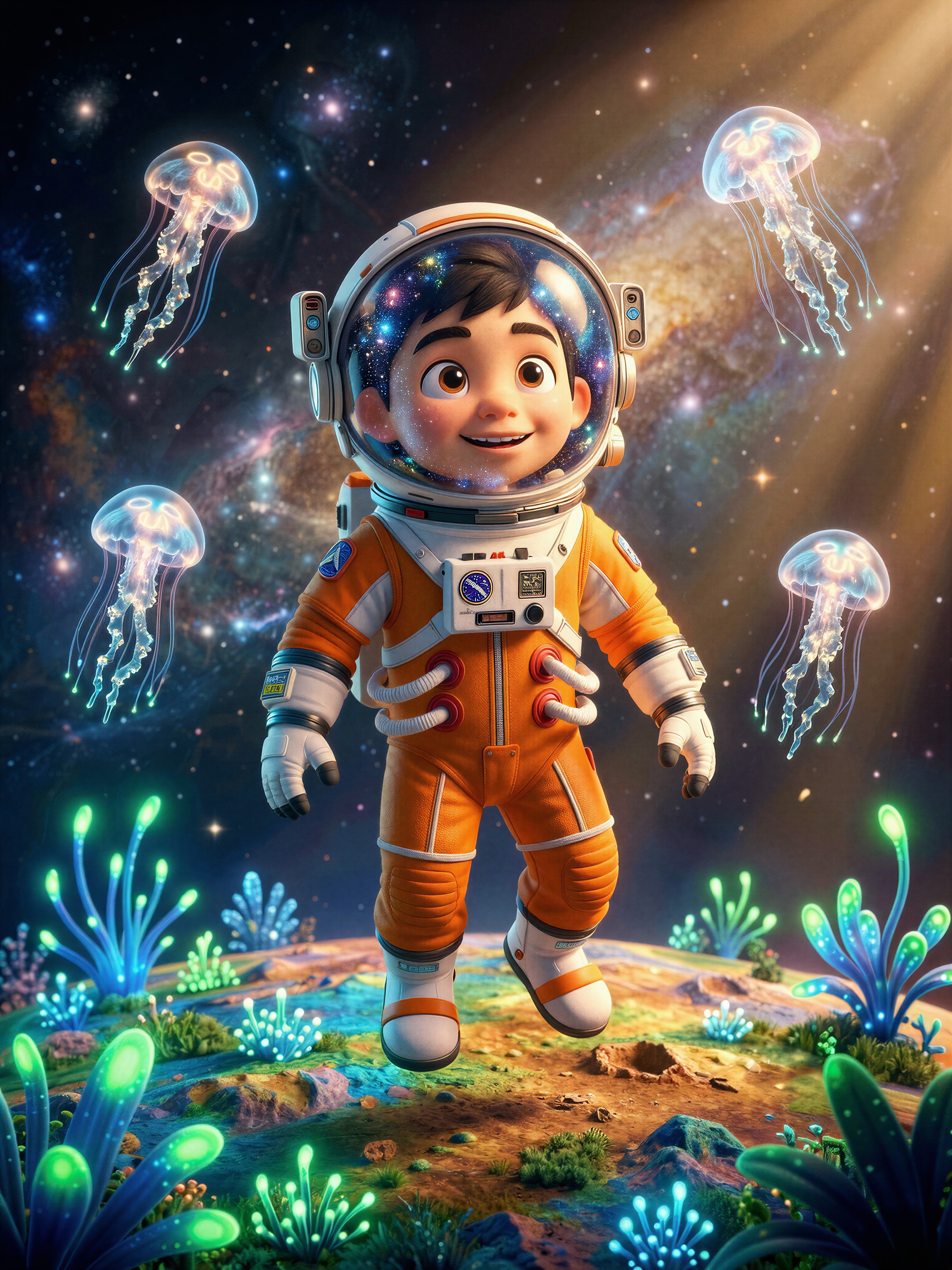 Brave Astronaut Boy Floating Above Alien Planet — AI generated image