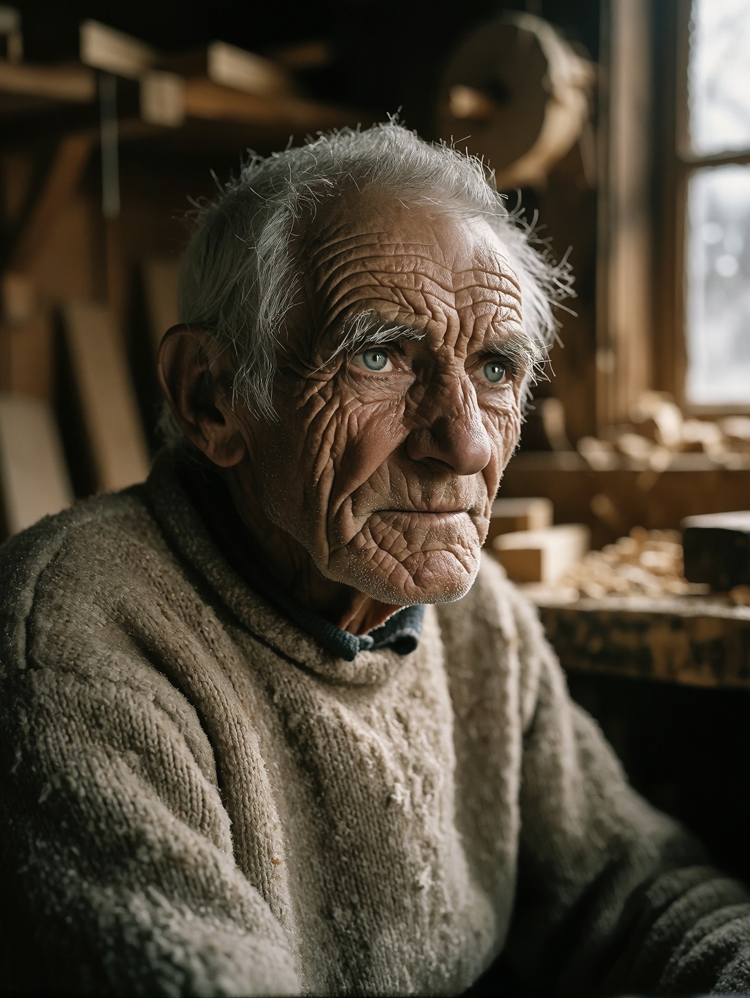 Elderly Craftsman in Dim Workshop — AI generated image