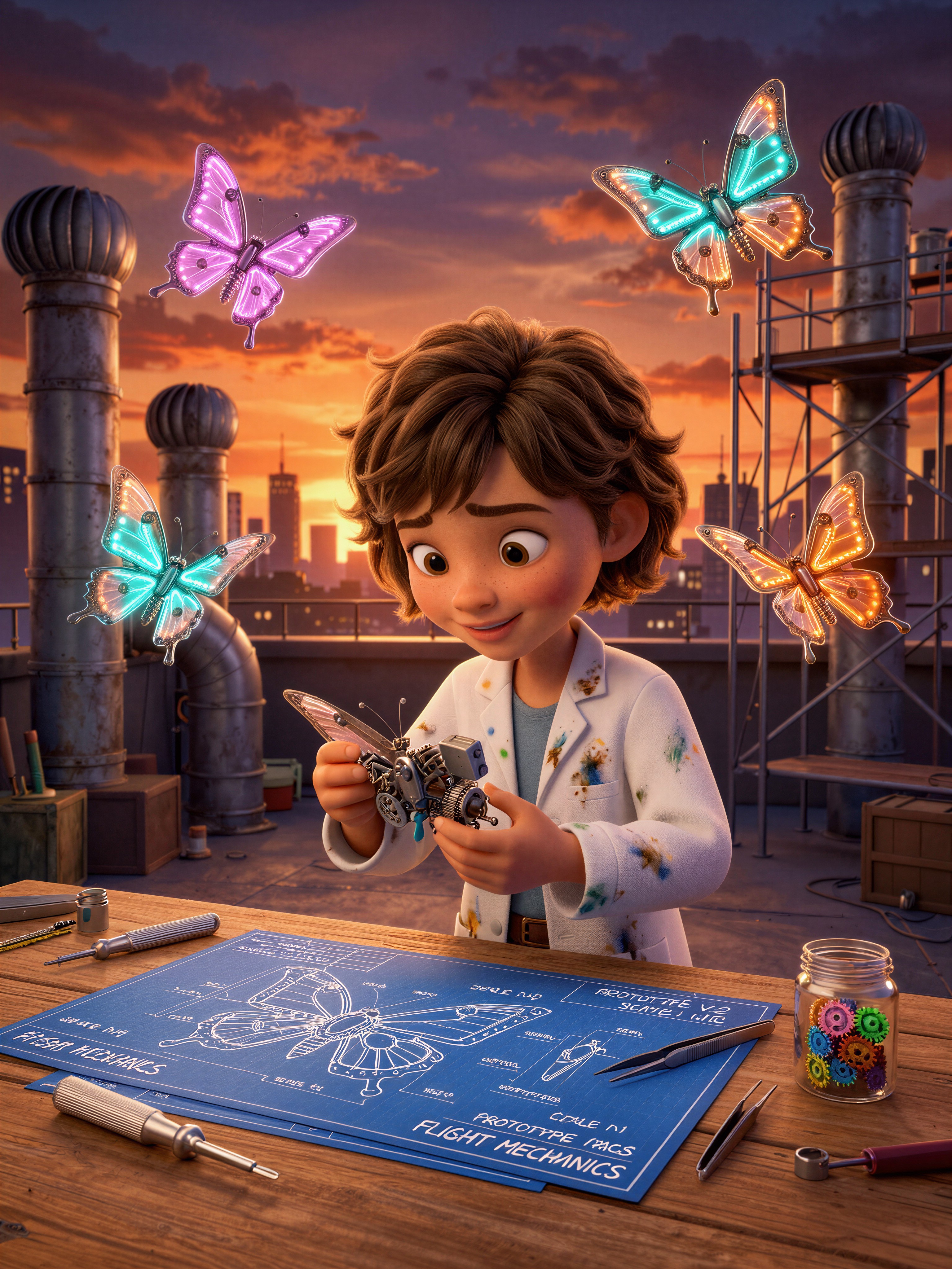 Young Inventor Building Mechanical Butterflies — AI generated image