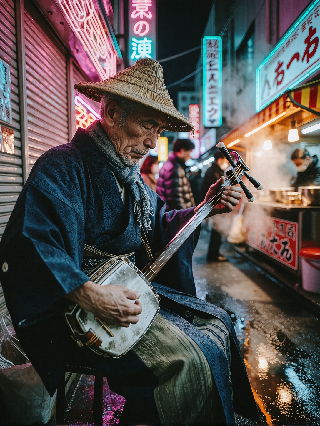Melancholic Musician Playing Shamisen In Neon Alley — AI generated image