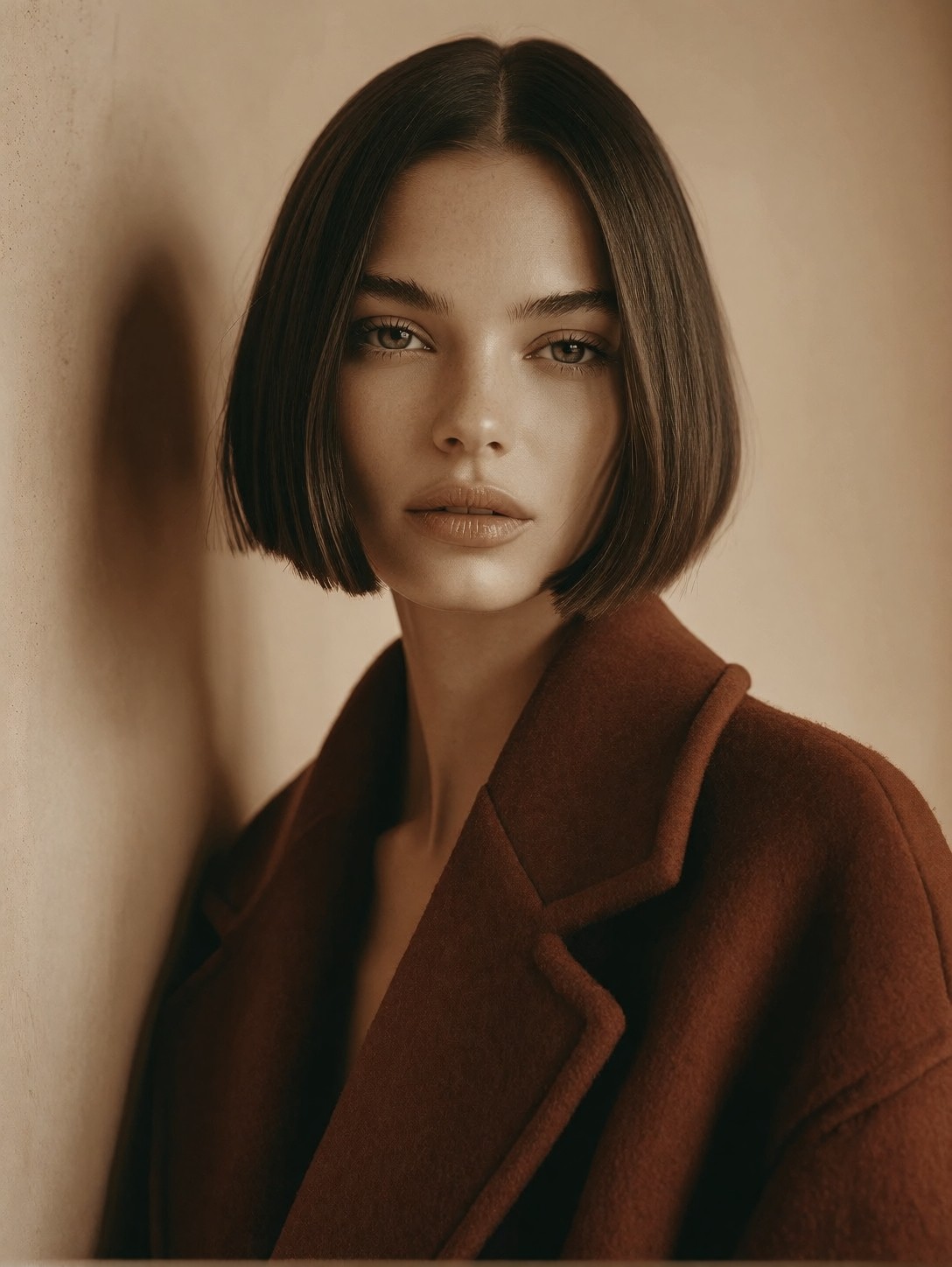 Calming Intensity of a Young Woman in Terracotta Coat — AI generated image