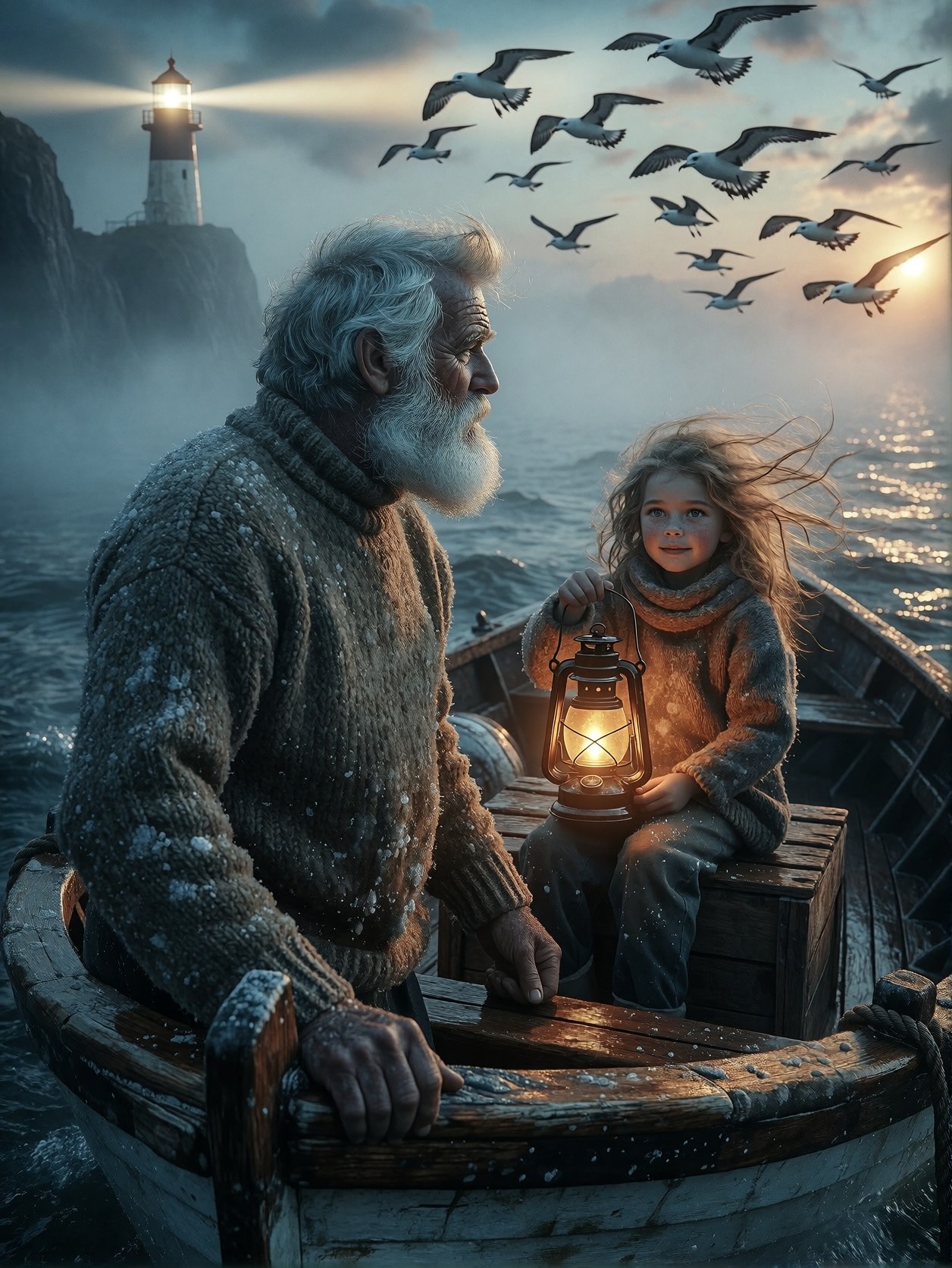 Old Fisherman and Girl in Misty Dawn — AI generated image