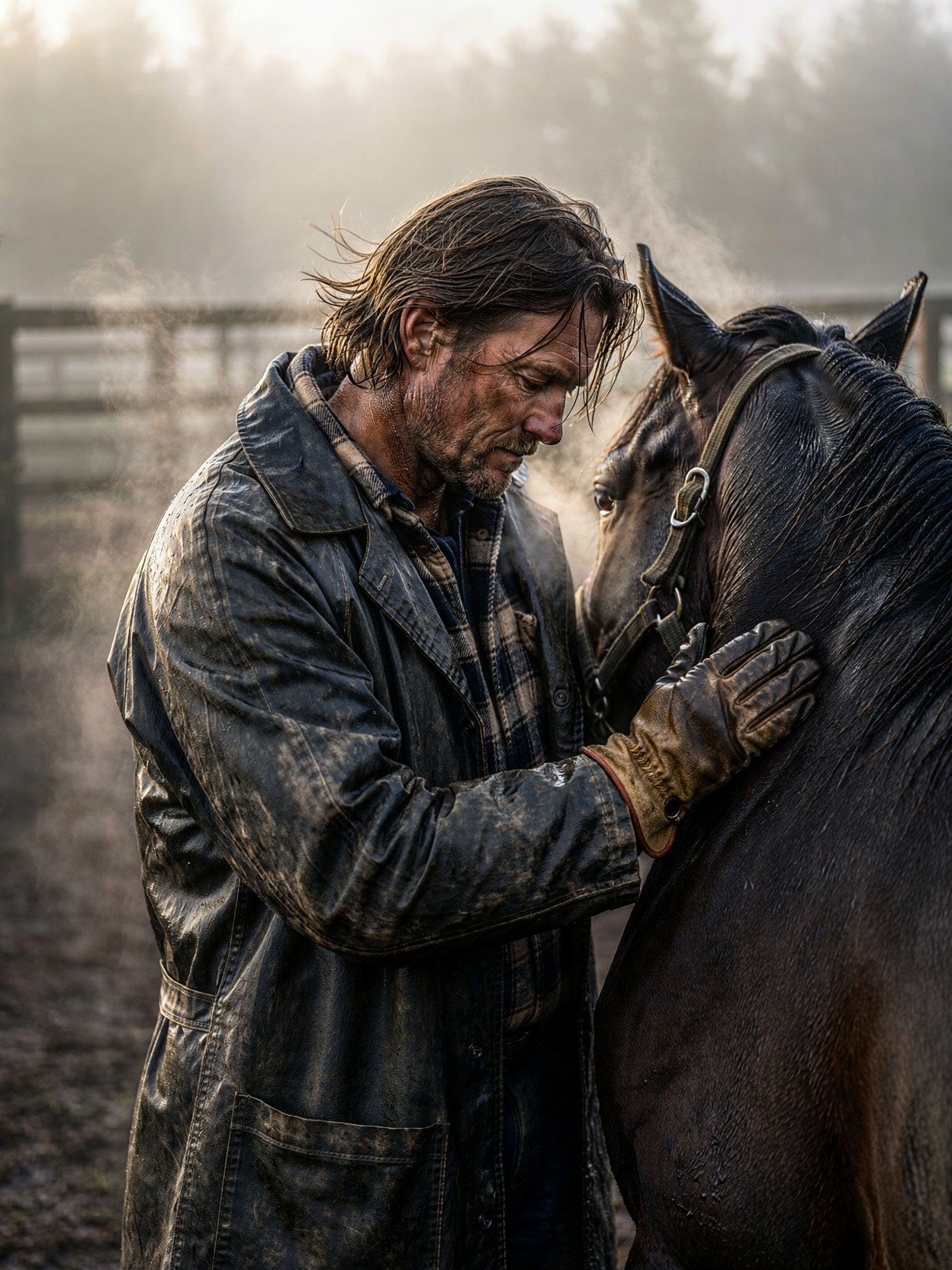 Breeder Calming Stallion At Foggy Dawn — AI generated image