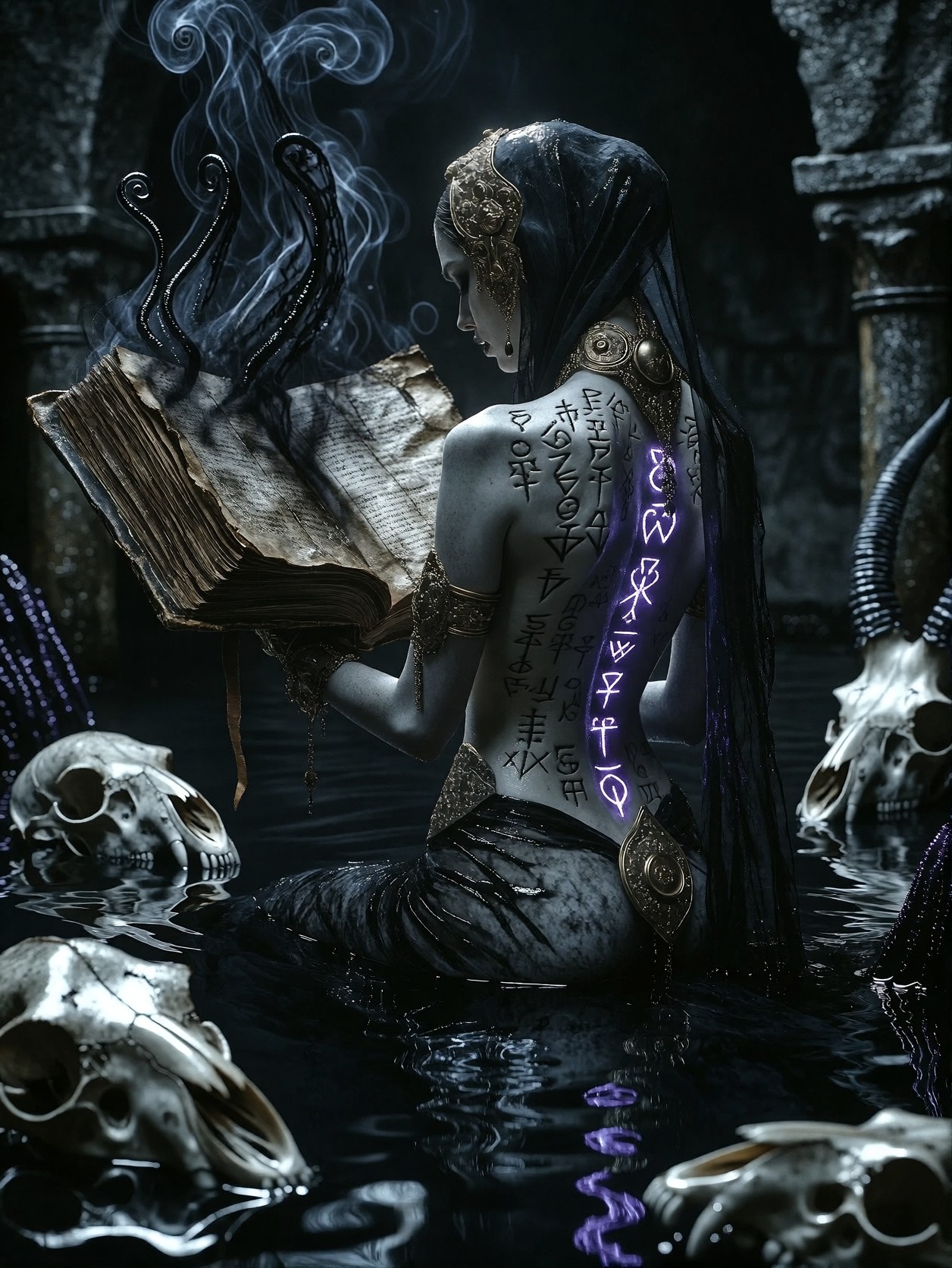 Eerie Priestess in Flooded Crypt — AI generated image